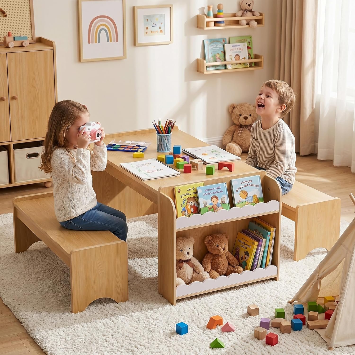 Kids Table and Bench Set, Montessori Kids Table and Chair Set, Indoor Wooden Toddler Activity Table with Bookshelves, 37”X22” Desktop, Children Desk for Home, Classroom, Boys, Girls (Natural)