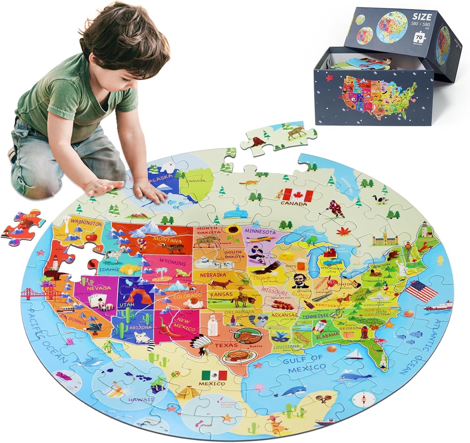 DIGOBAY United States Puzzle 70 Pieces USA Map Floor Jigsaw Puzzles for Kids Ages 4-10, Jumbo Round US Geography Puzzle 50 States with Capitals Educational Learning Toys for Boy or Girl | Jumbo Round US Geography Puzzle 50 States with Capitals Educational Learning Toys for Boys Girl