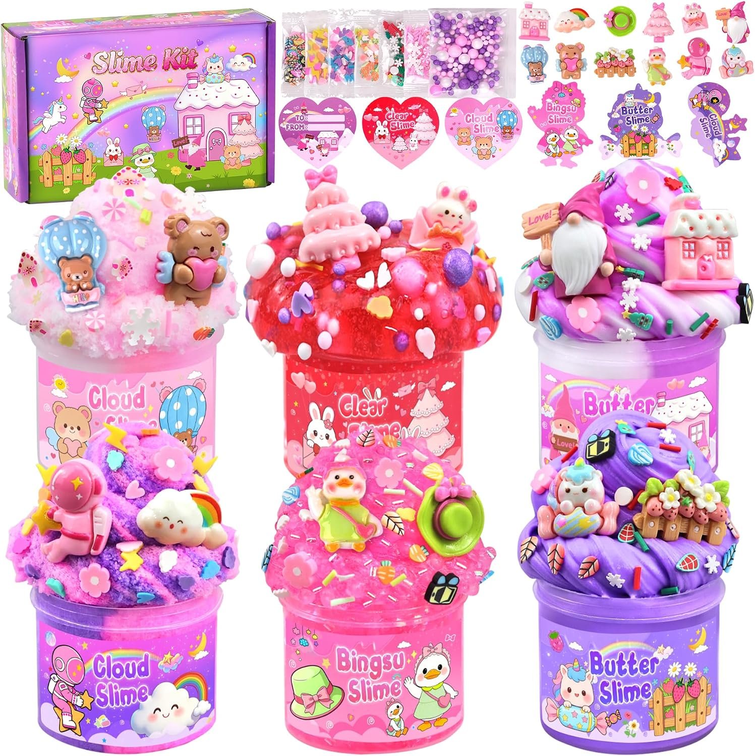 LAWOHO 6 Pack Pink Slimes, Clear Butter Cloud Slime Kit for Girls Ages 8-12, Non-Stick Kids Slime Party Favors Toys with Cute Add-Ins, Birthday Goodie Bag Stuffers Easter Valentines Day Gifts for Kids