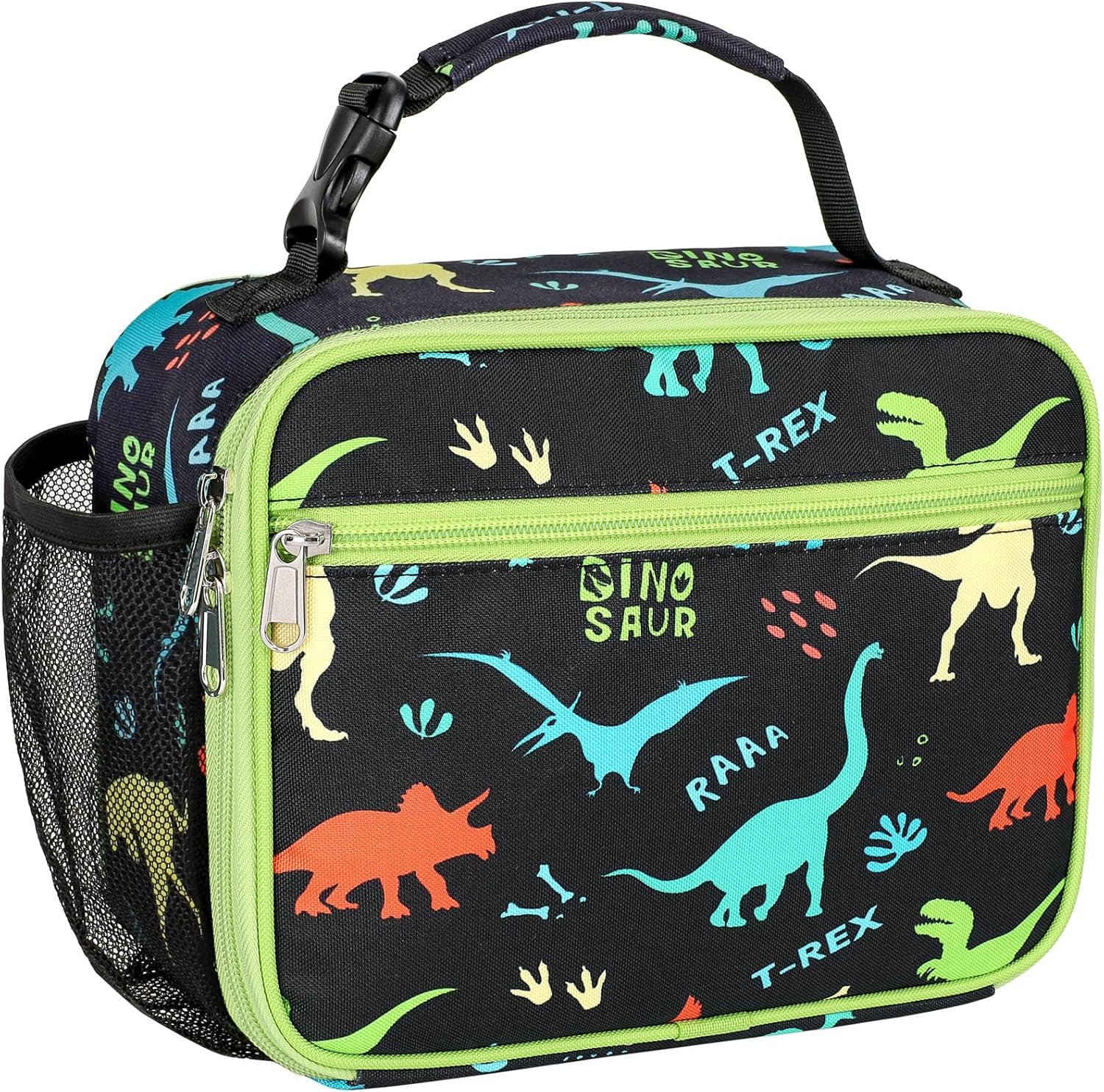 Bagseri Kids Lunch Bag Boys – Insulated Kids Lunch Box for School & Daycare | Easy Carry Handle, Leak Proof, Water Bottle Holder, Roomy Toddler Lunch Box for for Snacks, Drinks, Picnics, Black Dinosaur