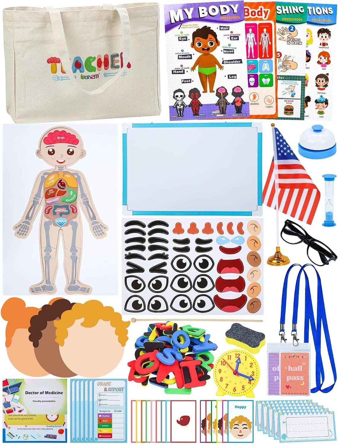 Pretend Teacher Role Play School Set with Emotion and Body Puzzles | Kids Role Learning Playset with Whiteboard, Magnetic Puzzles, Teacher Bag and Cards, Pretend Play School Toys for Kids