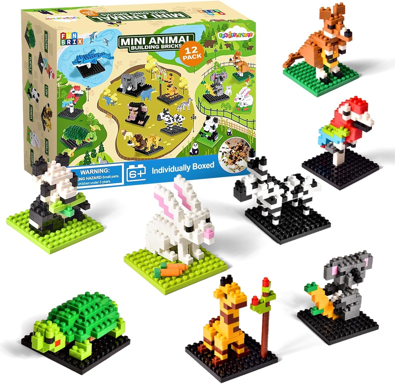 FUN LITTLE TOYS 12 Pack Mini Animal Building Blocks Party Favors for Kids | No Duplicates Individually Boxed Zoo Sets Party Favors for Kids 6-12 Classroom Prizes Goodie Bag Stuffers Easter Egg Fillers