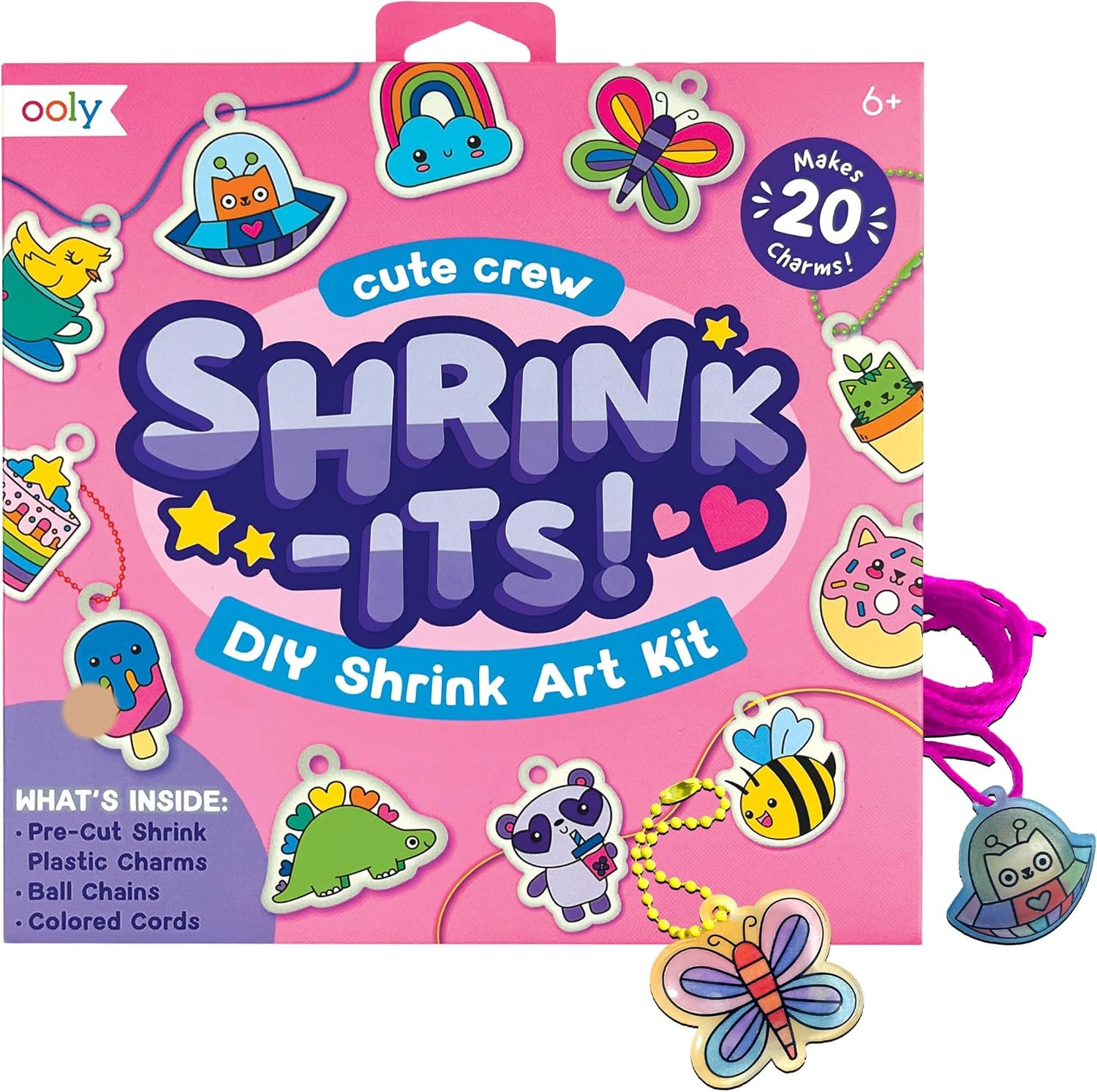 Ooly DIY Shrink Art Charms Kit, 28 Pc – Cute Crew | Ages 6+, 20 Plastic Pre-Cut Charms, Ball Chains & Colored Cords, Jewelry Making Activity, Fun Interactive Gift for Kids