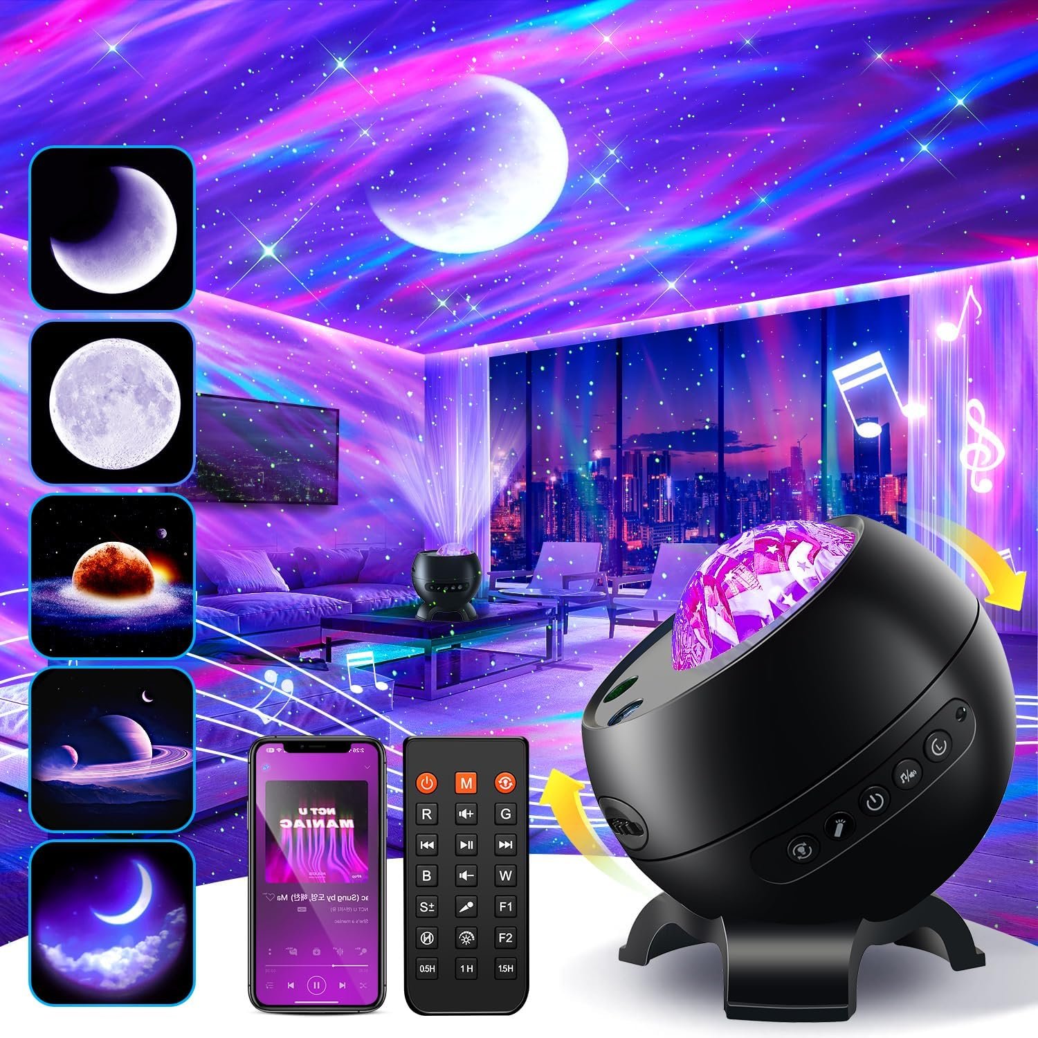 LED Light Home Decor Gifts Light Projector with 375 Effects, Bluetooth | Ambient Light, Adjustable Brightness, Bedside Table Lamp, Bedroom Decor, Memory Function, Sleep Companion, Gift For All Ages