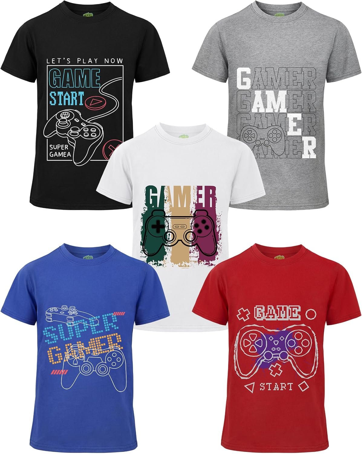 5 Pack Boys Shirts Cotton Youth Graphic T-Shirts Kids Crewneck Summer Tops Shirts for Boys with Print Tee Clothes