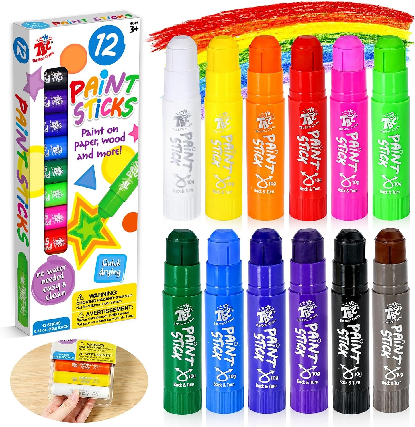 TBC The Best Crafts Paint Sticks for Kids Ages 2-8, 12 Classic Colors | Washable, Non-toxic, Tempera Paint Sticks for Crafts, Art Supplies, and Birthday Gifts