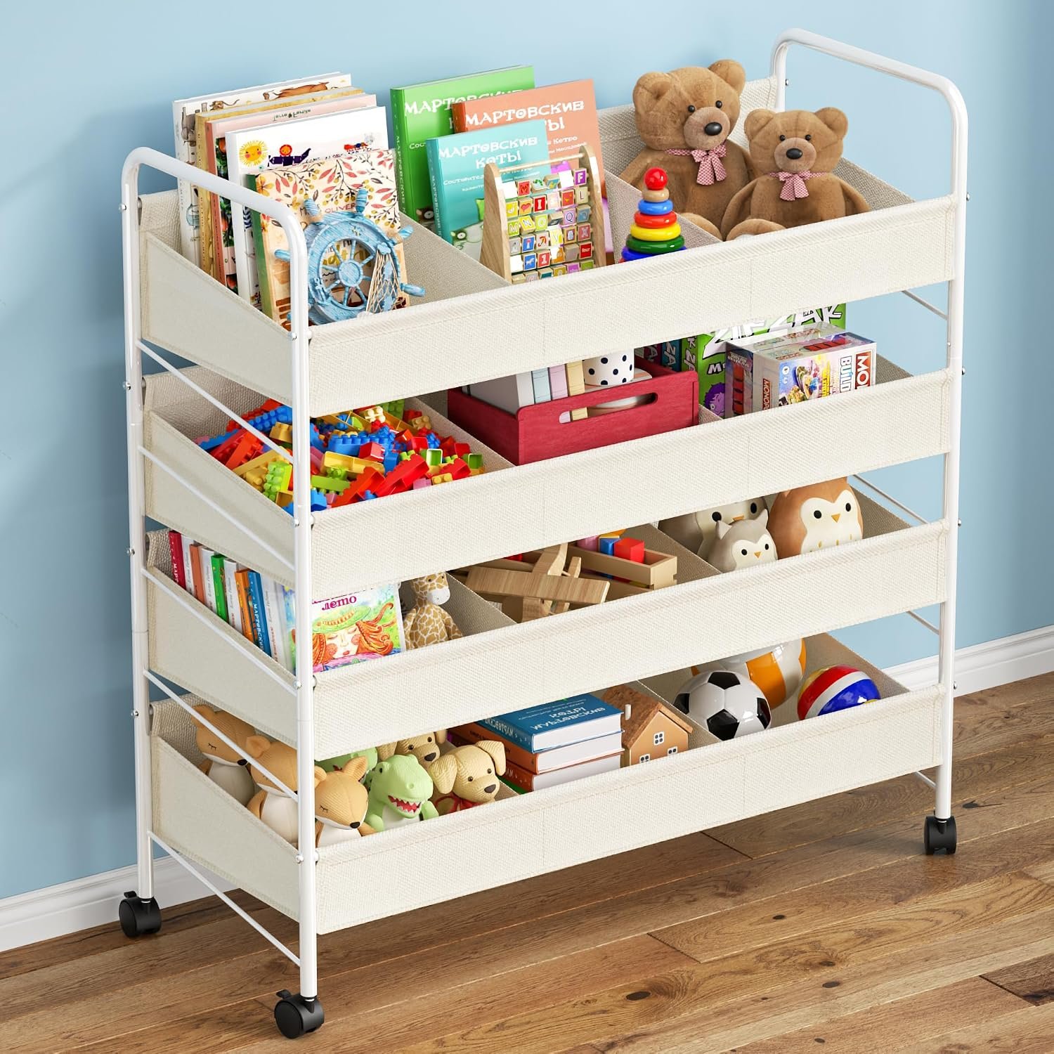 Kids Toy Storage Organizer with 4 Shelves and Wheels,White-Supersized Toy Storage Shelf for Toddlers Ideal for Kids’ Rooms,and Nurseries,Toddler Furniture for Boys and Girls Ages