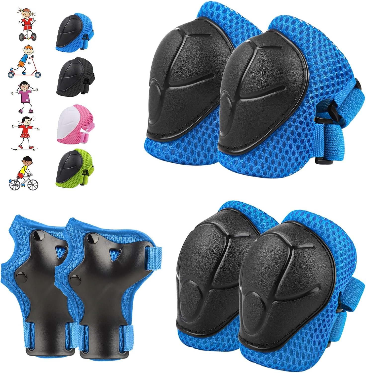 WayEee 6PCS Kids Protective Gear Set Knee Pads Elbow Pads Wrist Guards/3-14 | upgraded & durable material skateboard protective gear set double size sport cycling bike roller skating scooter boys girls