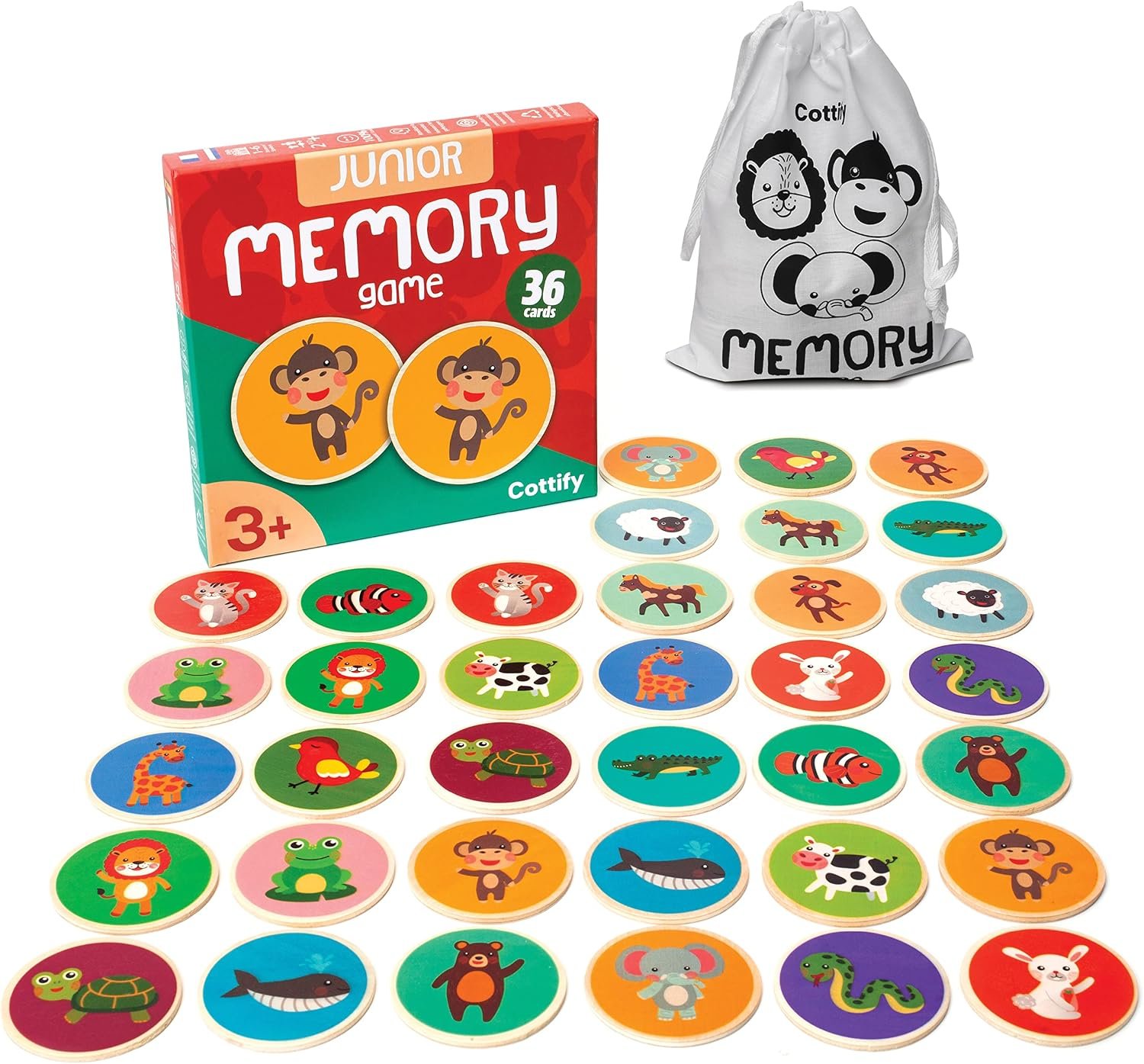 Montessori-Inspired Wooden Matching Game for Toddlers 2-4 Years – Durable, Scratch-Resistant 36 Card Set, Includes Carry Bag – Memory Game for Toddlers 2-4 Years – Cognitive Verbal Skills Development
