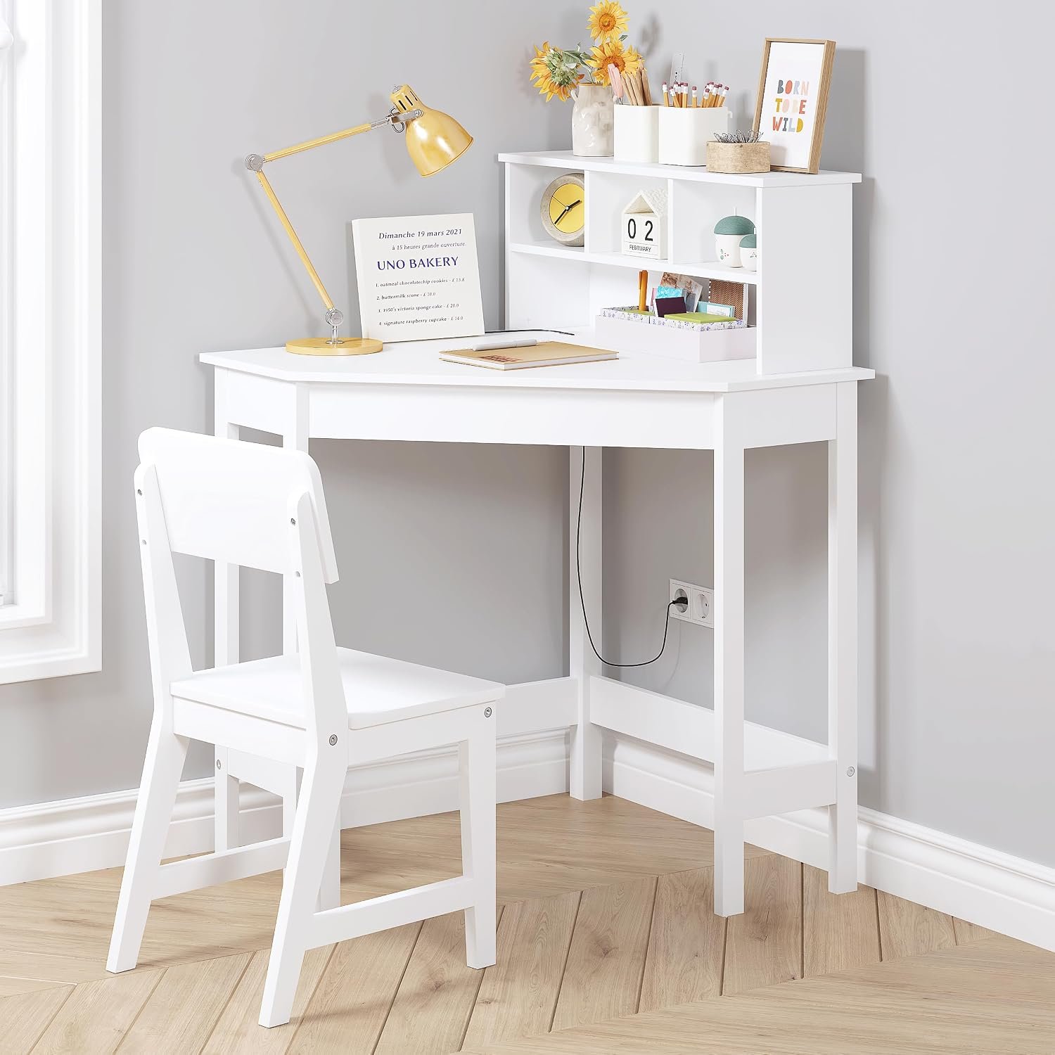 UTEX Wooden Kids Corner Desk and Chair Set with Hutch for Ages 3-8 | Kids Study Table with Cork Bulletin Board, School Desk, Multi-Zone Storage, Water-based Paint Finish for Kids Room, Study Ro