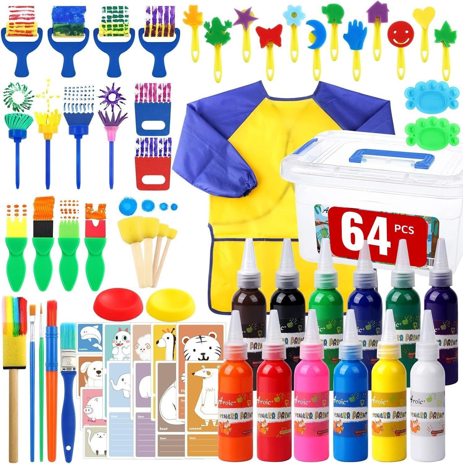 64 Pack Washable Paint Set, 12 Colors Non Toxic Finger Paints | Sponges, Paint Brushes, Waterproof Paint Smock, Palettes, Cards, Storage Box for Art, Crafts, Kid Age 12+ and Adult(2oz Each)