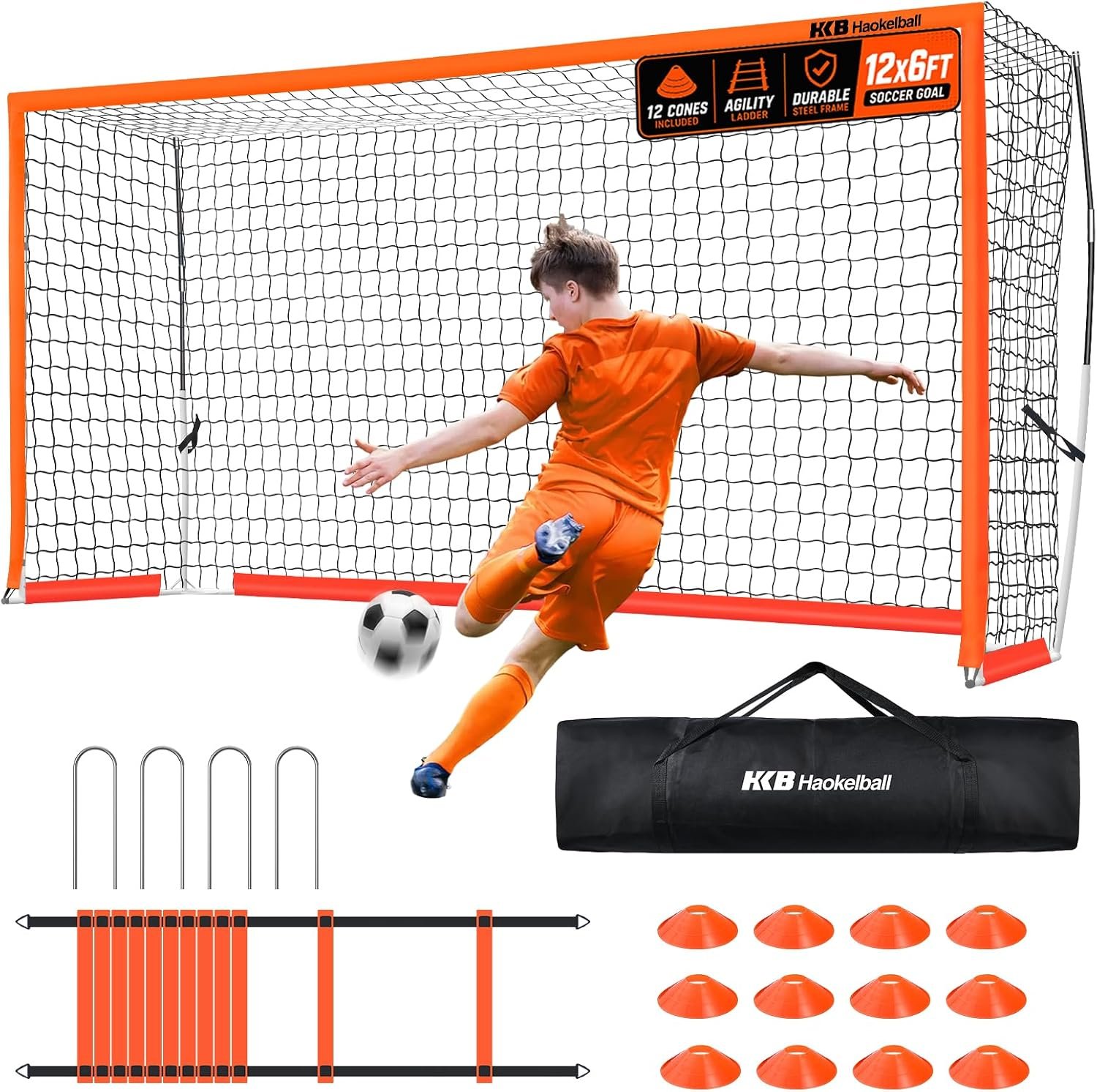12×6 FT Soccer Goal for Backyard Metal Frame Portable Soccer Net | Full Size Training, Quick Setup, Stable Ground Stakes, Agility Ladder, Cones, Carry Bag, Youth Adults, Soccer Equipment