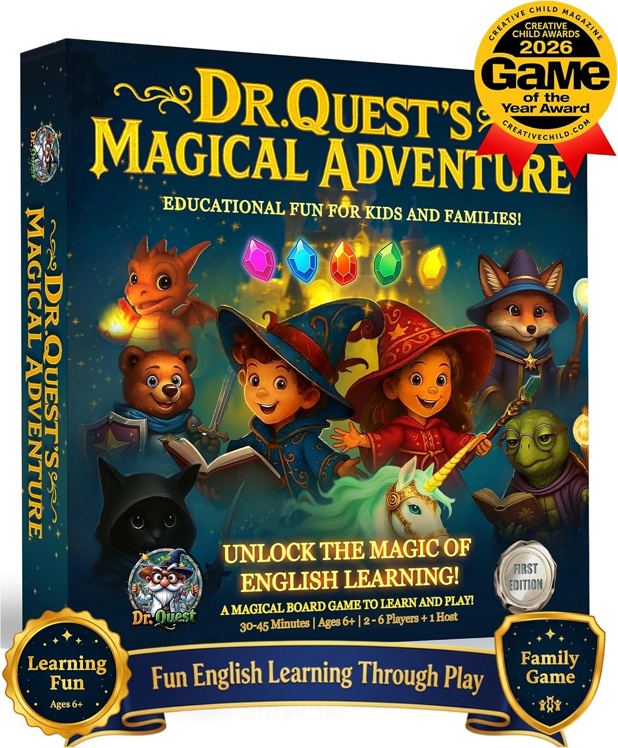 Dr. Quest’s Magical Adventure–Educational Board Game for Kids Ages 6-9 – Spelling & Grammar Learning Game for Early Elementary | 180 Questions | Screen-Free Homeschool & Family Game | 2-6 Players