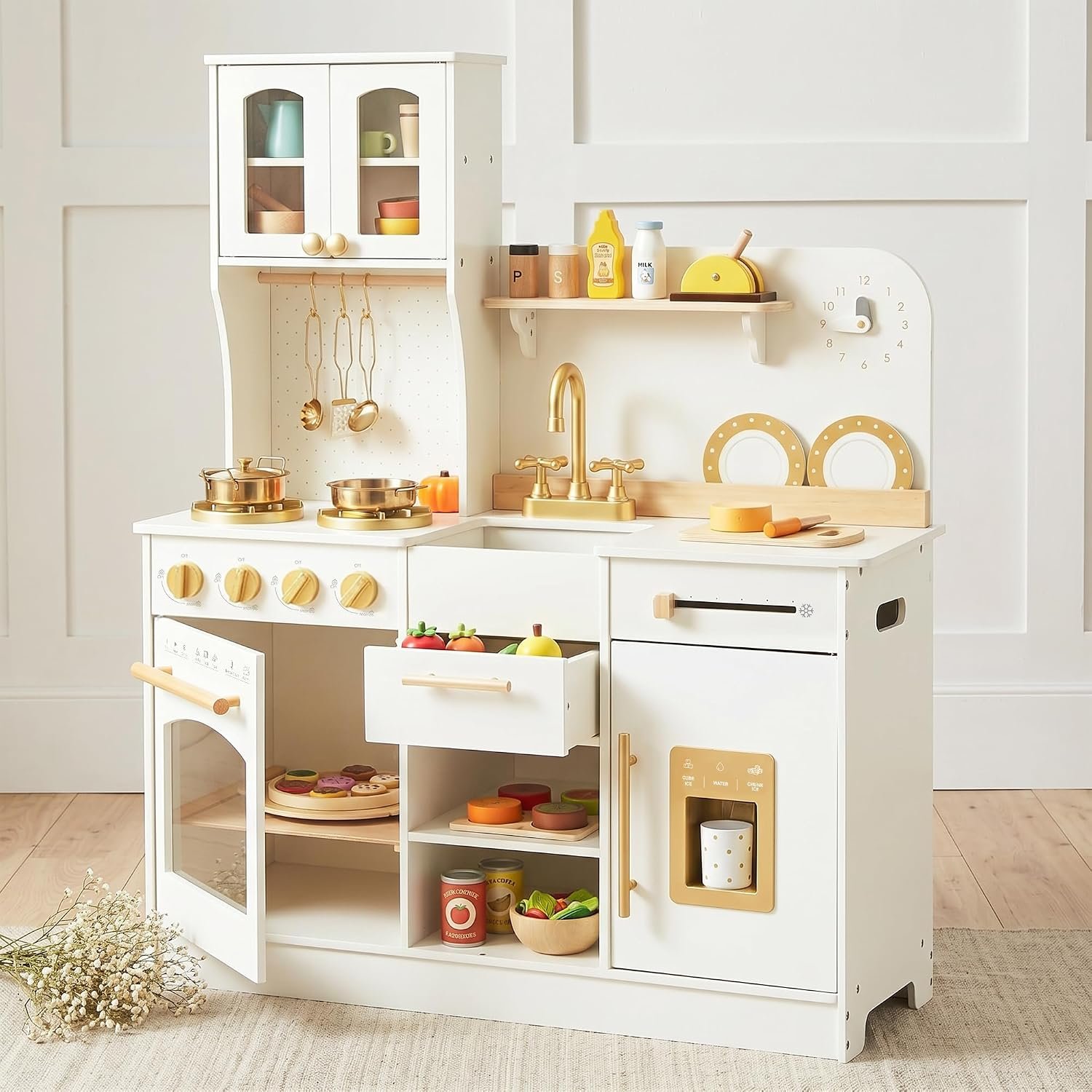 White and Gold Wooden Play Kitchen with Plate Rack, Clock and Large Storage | Stove, Deep Sink, Oven, Ice Dispenser and Hanging Utensils Support Cooking, Washing and Serving Play, Ages 3+