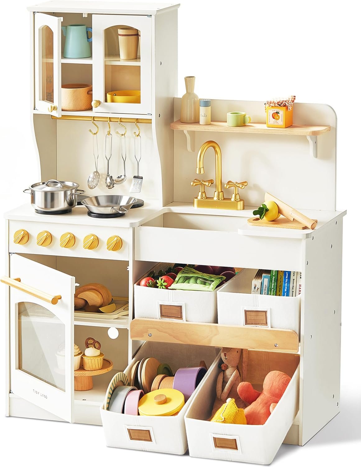 Tiny Land Wooden Play Kitchen for Kids with Toy Storage for Pretend Play | Built-In Cabinets, Felt Bins & Cookware Accessories Make Cleanup Easy While Encouraging Organizational Skills