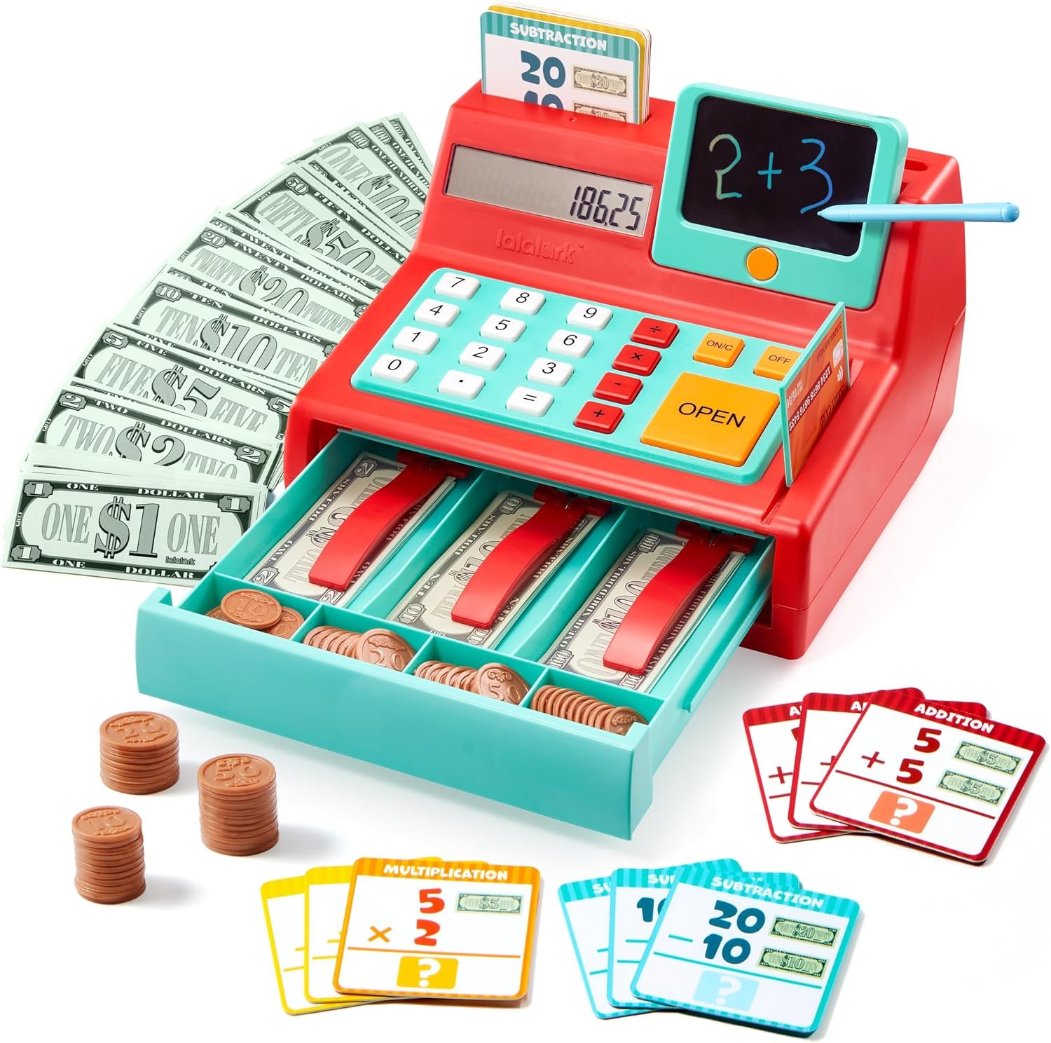 lalalark Cash Register Toy for Kids – Detachable Write & Erase Pad, Play Money, Credit Card, Grocery Store Playset, Preschool Activities, Educational Learning Toy, Toddler Birthday Gift