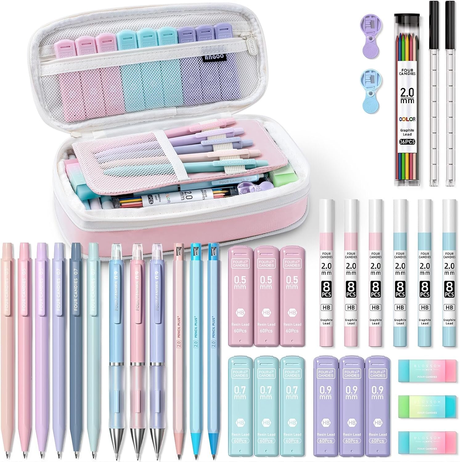 Four Candies 36PCS Mechanical Pencil Set with 624 Lead Refills (Pink) | 0.5mm – 2.0mm Mechanical Pencils, Aesthetic School Supplies for Writing, Drawing, Drafting , Note-Taking & Back to School