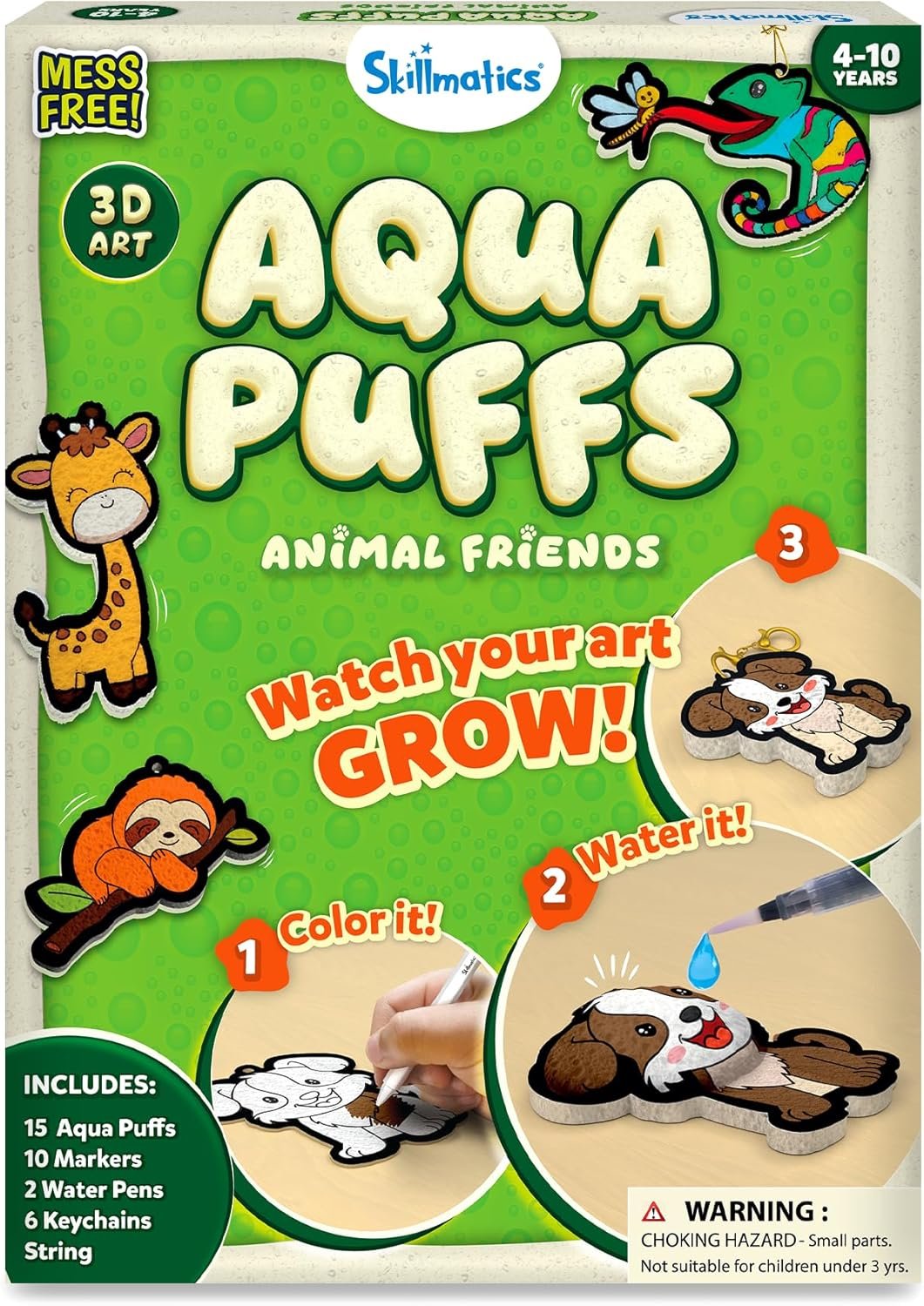 Skillmatics Aqua Puffs 3D Art Kit – Animals, Mess-Free Paint by Number Kit | DIY Keychains, Color Activity, Screen-Free Entertainment, Travel & Creative Gift for Girls & Boys Ages 4, 5, 6, 7, 8, 9, 10