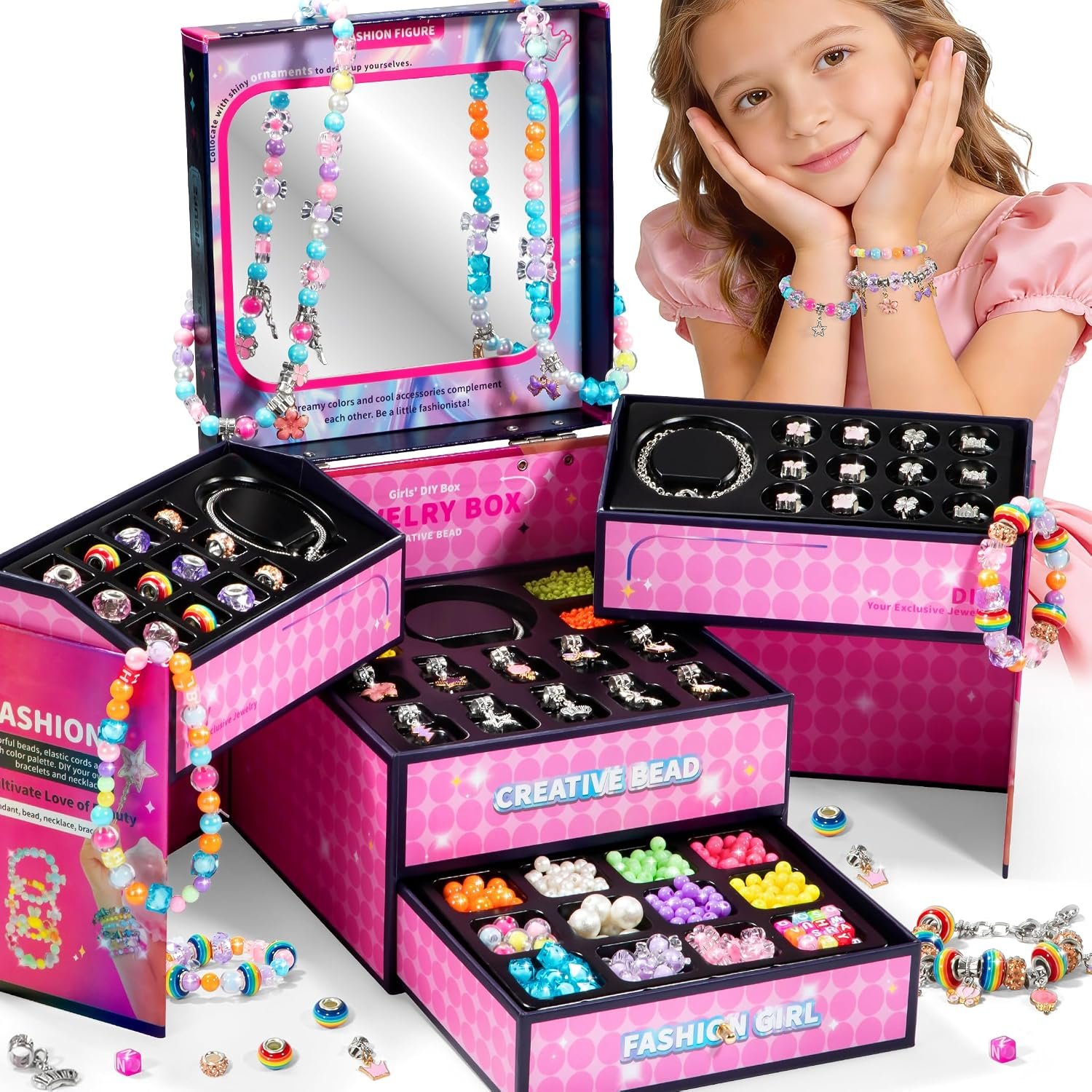 WOANZZ Charm Bracelet Making Kit, DIY Jewelry Making Kits for Girls 8-12, Jewelry Box with Beads Necklace Kit Crafts Birthday Gift for 6 7 8 10 11 12 Year Old Girl, Pink