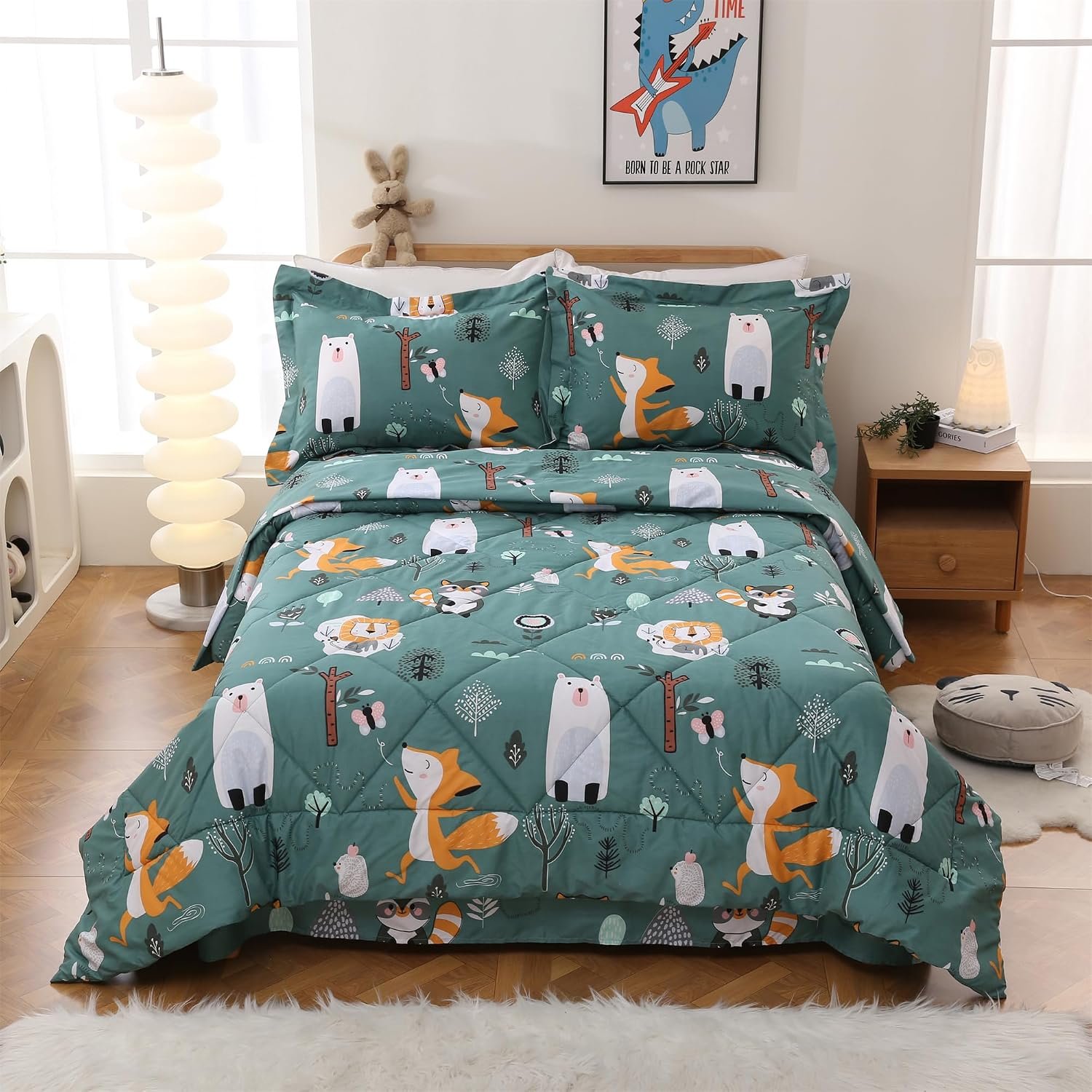 JSD Green Forest Animal Kids Comforter Set Twin Size | 2 Piece Soft Printed Microfiber Comforter with Pillow Sham, Oeko-Tex Certified, Washable