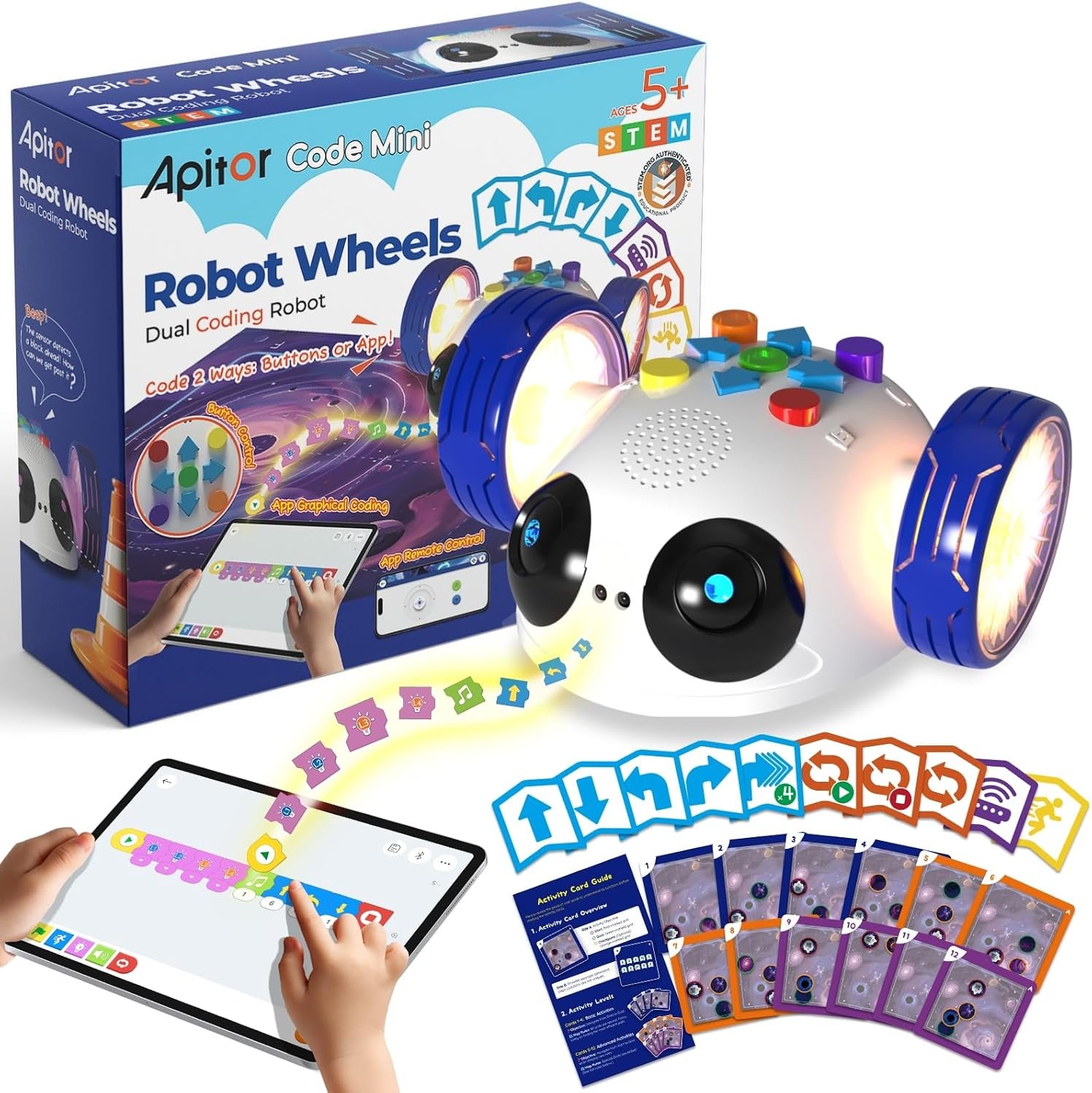 Apitor Robot Wheels STEM Learning Kit Coding Robot for Kids Ages 5-8 | Screen-Free & App Coding, Build Computational Thinking for K-2, Classroom & Family STEM Learning, LED Eyes & Sounds