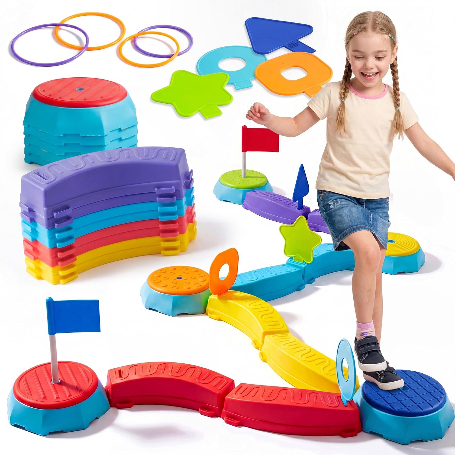 Plat-Act 4-in-1 Balance Beam & Stepping Stones for Kids Ages 3+, Obstacle Course Toy with Ring Toss & Flag Game, Non-Slip & Easy to Store & Clean, Indoor Outdoor Balance Play for Kids