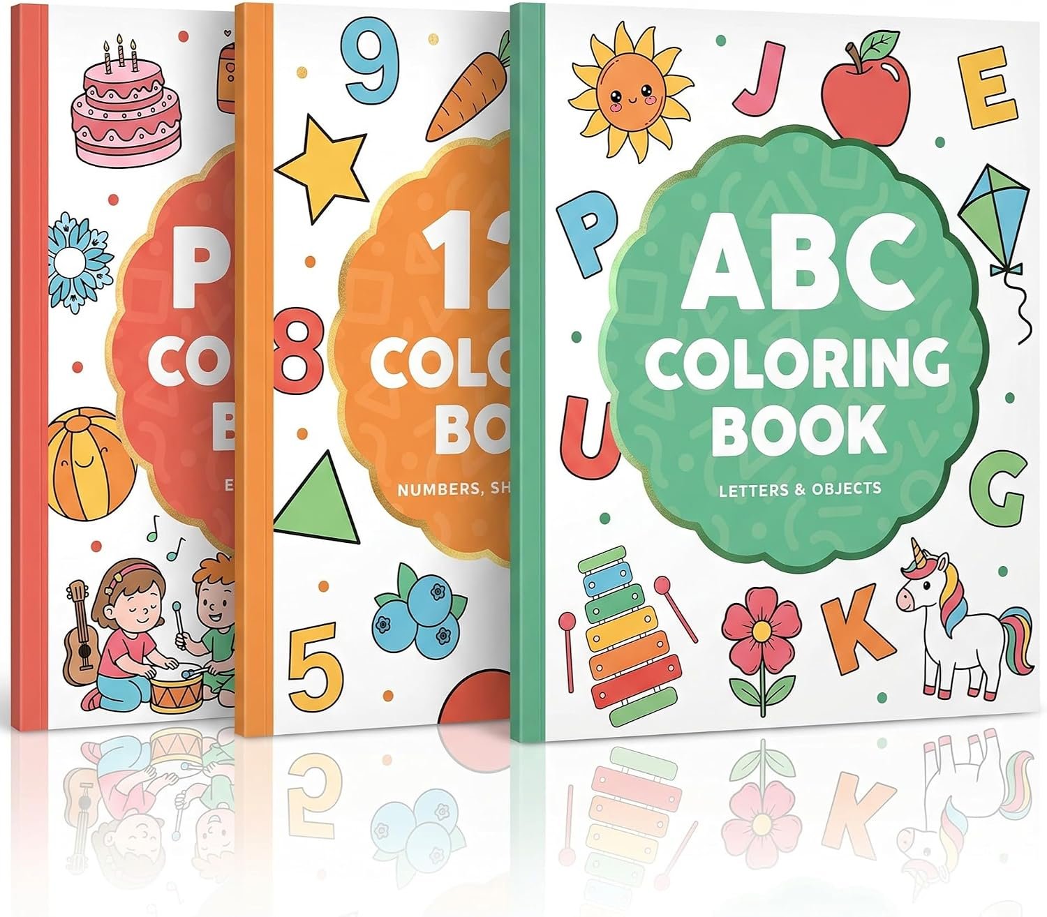 Fun Coloring Book for Kids – Set of 3 Cute Toddler Coloring Books with Big Simple Designs – Educational Activity Water Color Book with Themes for Alphabet, Numbers, Colors & Shapes for Boys and Girls