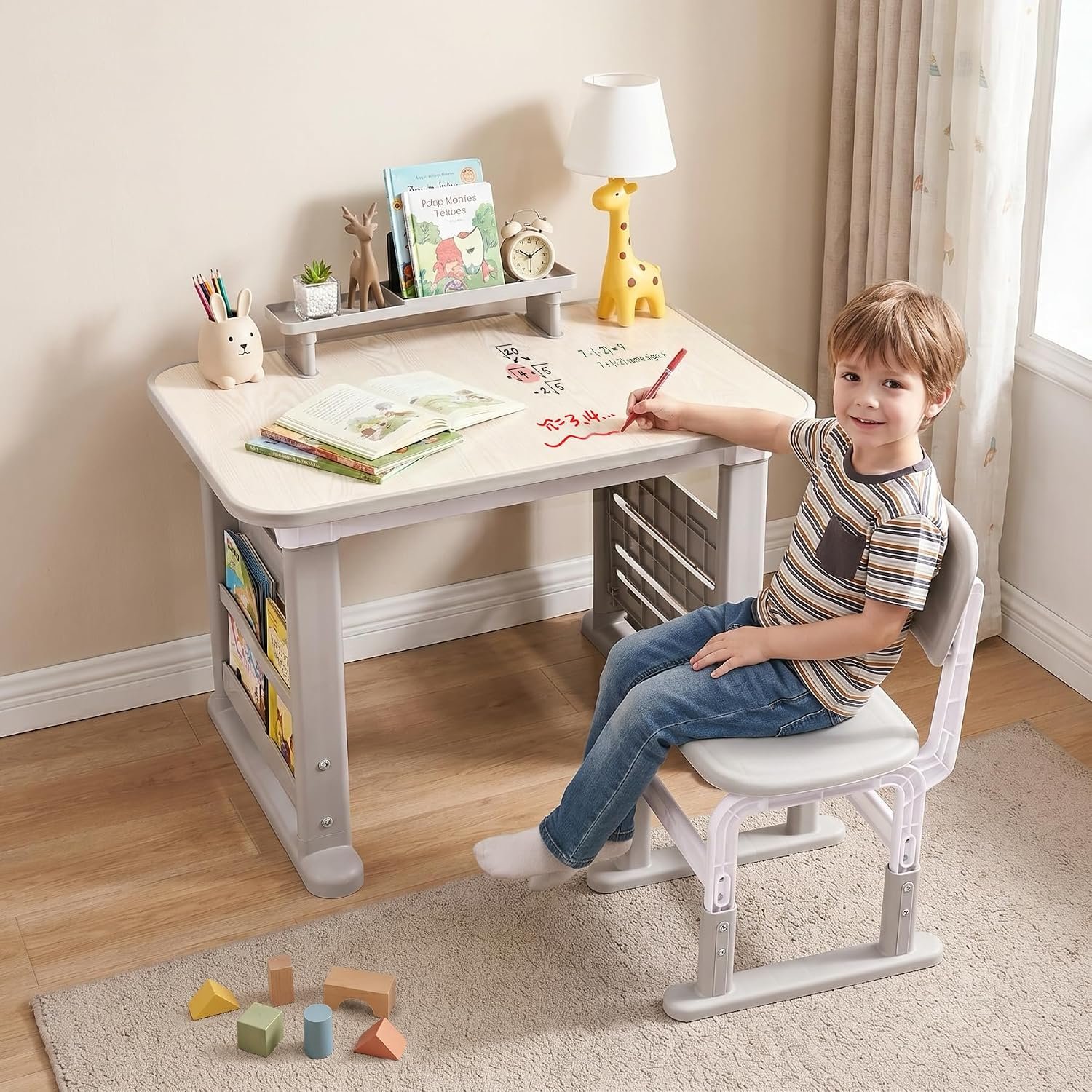 DOREROOM Kids Desk & Chair Set, Height Adjustable, Graffiti Desktop, Grey | Book & Removable Storage, Children School Study Table for Ages 3-12, Art Table with Washable Drawing Surface for Classroom
