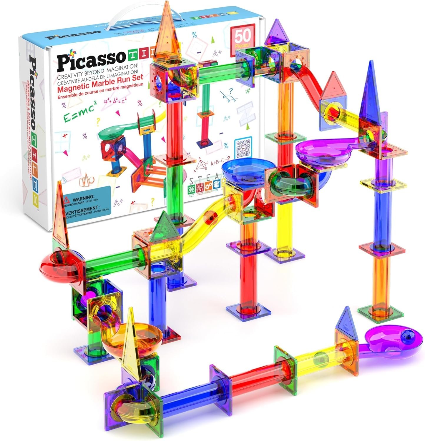 PicassoTiles 50 Piece Magnetic Marble Run Toy STEM Educational Building Set | BPA-free plastic construction, age 3+ coordination tracking, Fine Motor Skills & Spatial Reasonings, creative pretend play