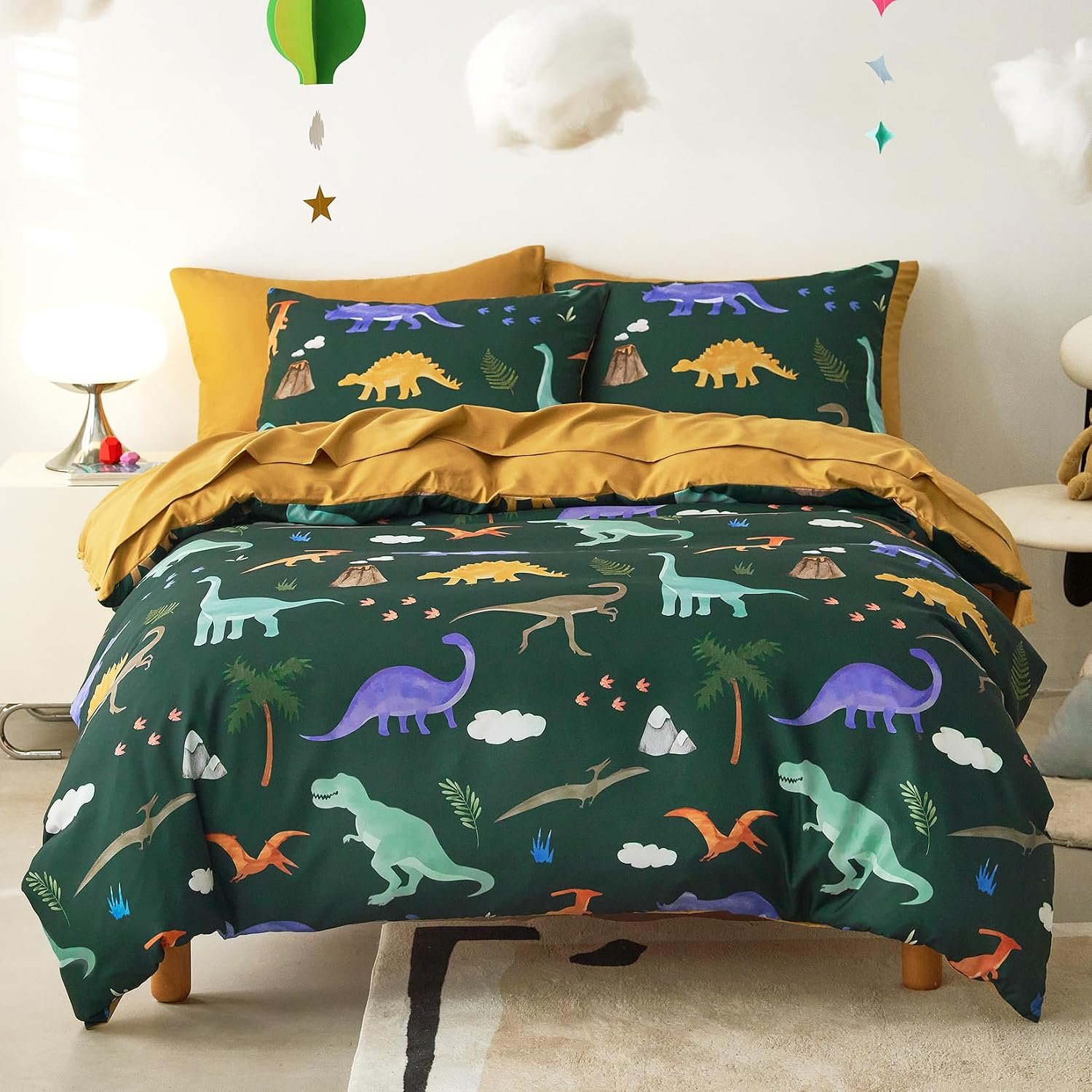 Wake In Cloud – Dinosaur Bedding Set for Boys, Cute Colorful Dinosaur Dino, Soft Lightweight Comforter Set with Sheets, 5 Pieces Kids Bed in a Bag, Dark Green, Twin Size