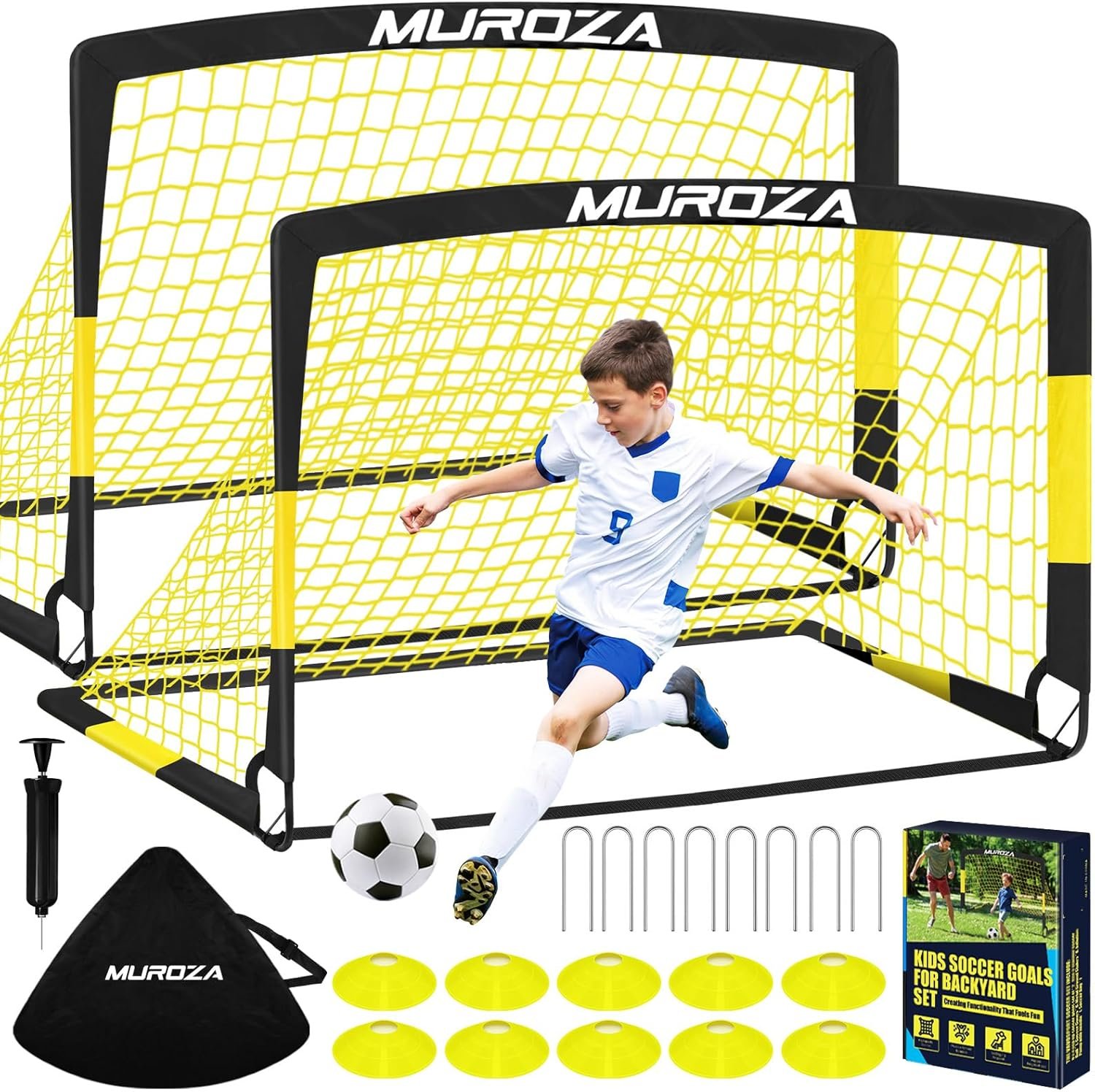 Soccer Goal, Kids Soccer Goals for Backyard Set, 2 Pack of Portable Pop Up Soccer Net with Soccer Ball, Cones, Complete Training Equipment for Youth, Toddler Outdoor Sports Games