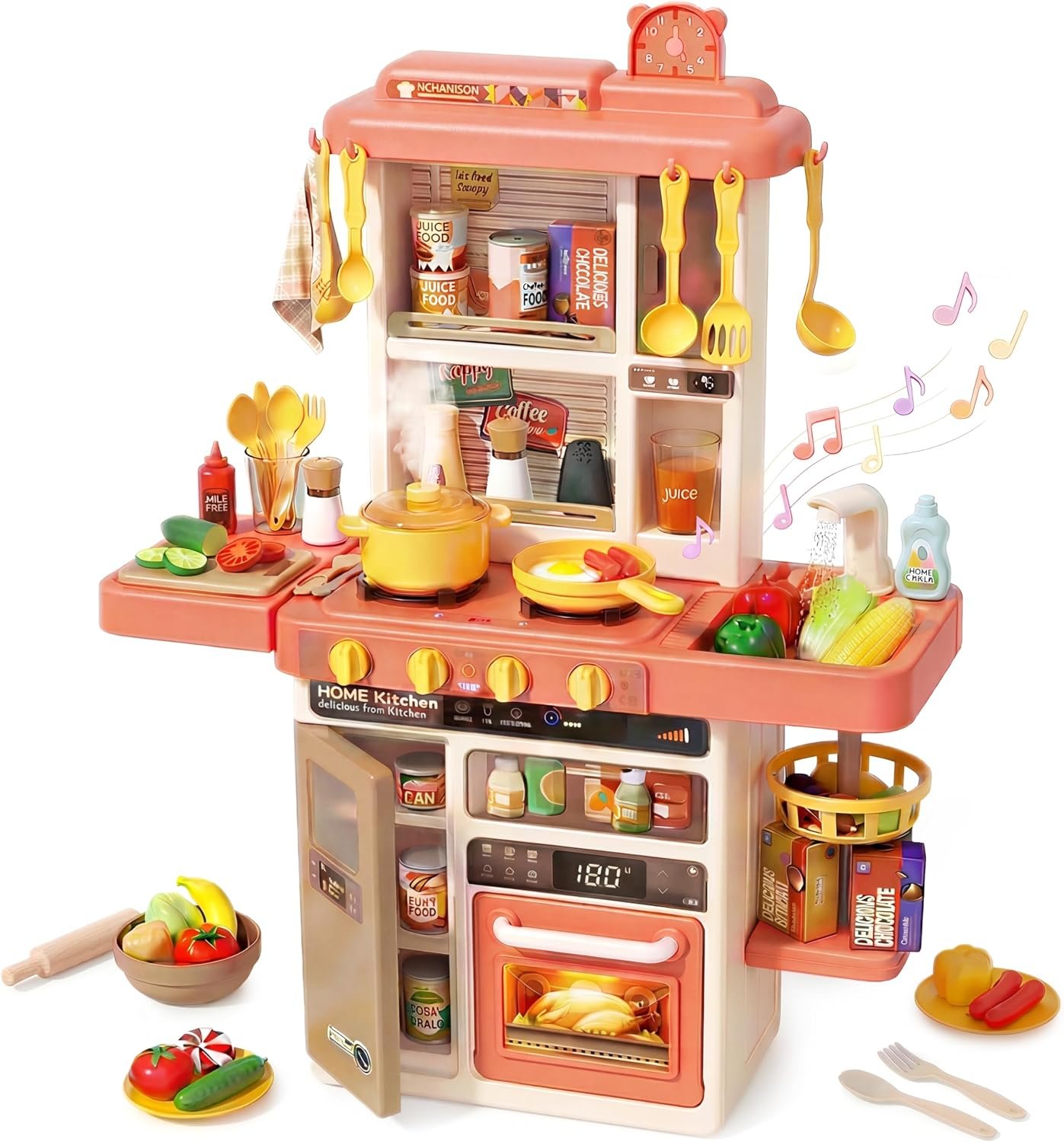 Kids Kitchen Play Set，Interactive Kids Kitchen Play Set with 50Pcs of Pretend Kitchen Toys，Realistic Sound Effects，and Simulated Functionality – Suitable for Toddlers Aged 3-5 Years(Pink) | Interactive Kitchen Play Set with 50Pcs of Pretend Kitchen Toys,Realistic Sound Effects – for Toddlers 3-5 Years Old (Pink)
