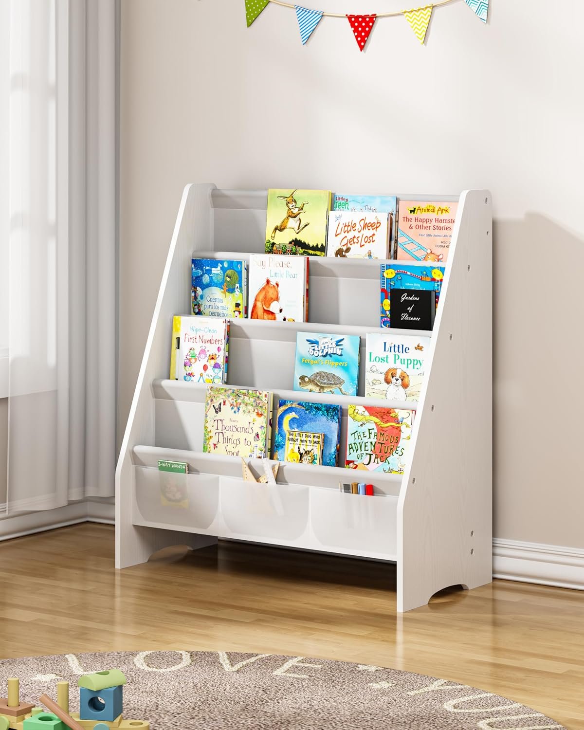 Sturdy Kids Bookshelf, 4-Tier Book Shelf for Kids Room with Oxford Fabric-Nursery Room Playroom Classroom, Deep Slings to Keep Books Upright, Ideal Height for Toddler Age 3+, Matte White
