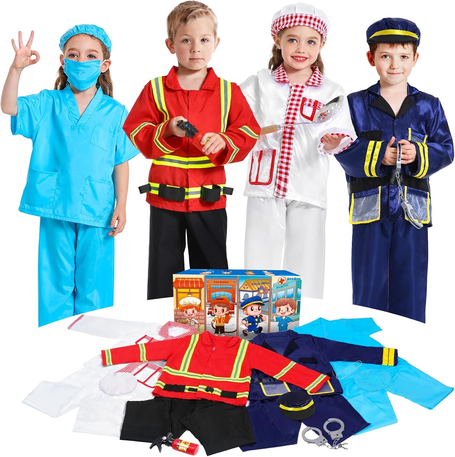 DISHIO Dress Up Clothes for Kids Pretend Role Play Costumes Trunk | Toddlers Dress Up Costumes with Fireman Police Doctor Chef Kids Costume Dress Up for Boys Girls Birthday Party Age 3 to 6