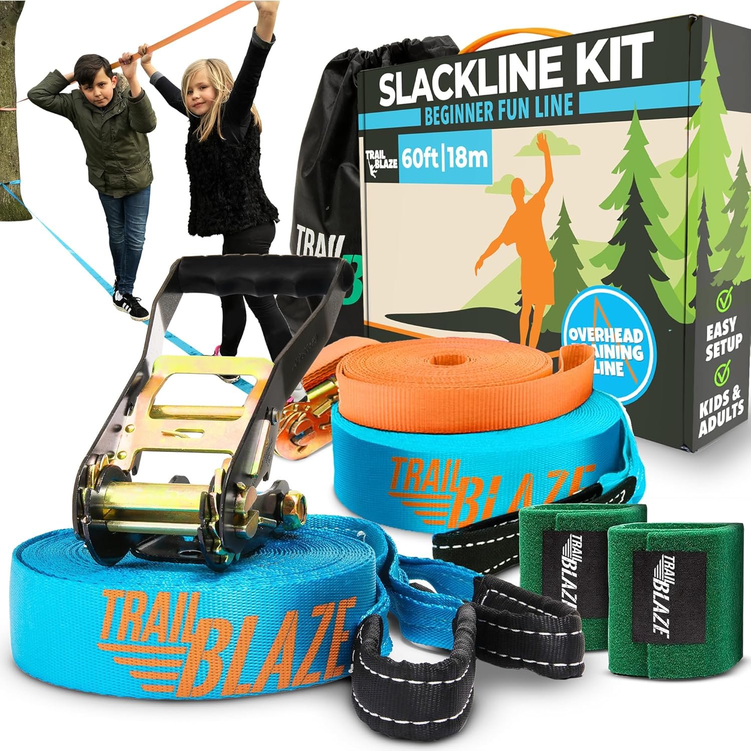 Complete Slackline Kit for Kids & Adults – 60ft Ninja Line (Blue) | 300 lb Capacity with Arm Training Line, Wider Tree Protectors, Ratchets and Durable Carry Bag – All-in-1 Parkour Equipment