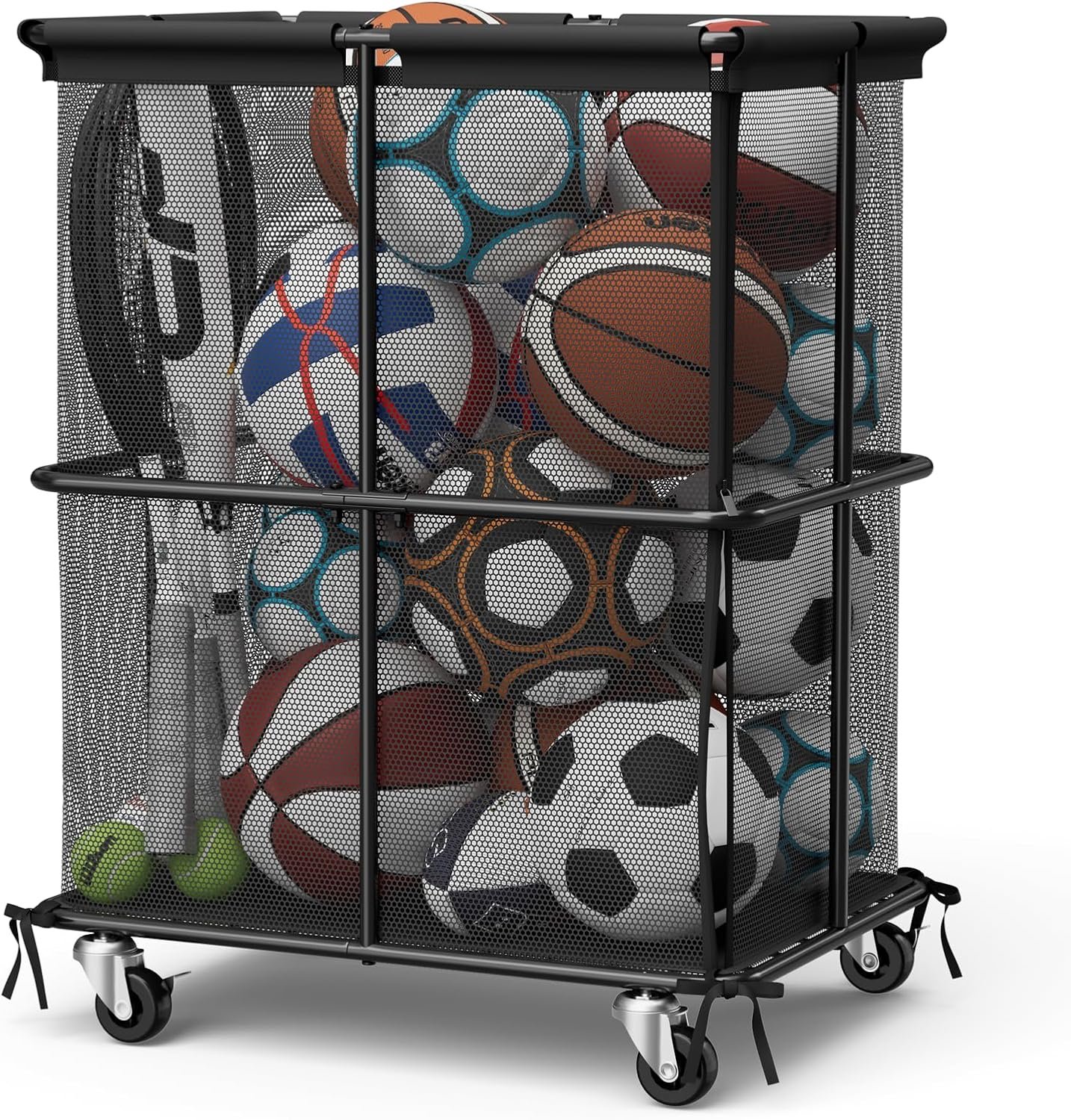 Outdoor Ball Storage Rolling Storage Cart with Wheels Sports Equipment Organizer for Garage Save and Storage for Indoor & Outdoor Use, Clothes, Toys, Sports Gear, Black