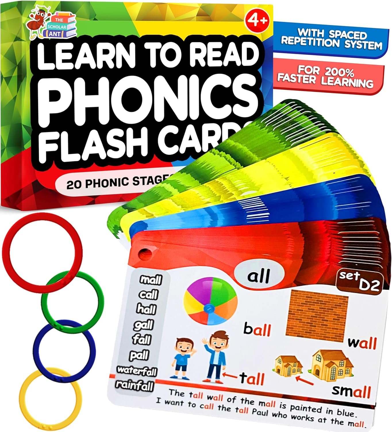 Phonics Flash Cards with Proven Spaced Repetition Learning System – Learn to Read in 20 Phonic Stages – Digraphs CVC Blends Long Vowel Sounds Phonics Games for Kids Ages 4-8 Kindergarten 1st 2nd Grade