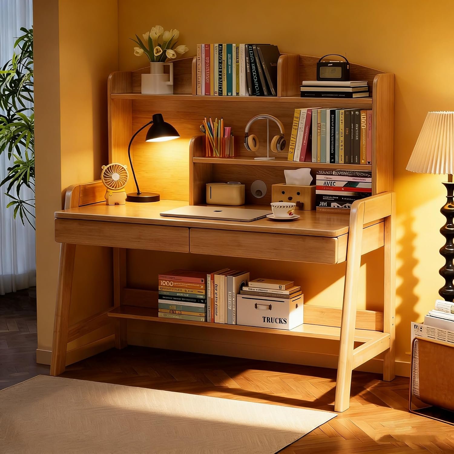 Kids Desk Wooden Childrens Study Desk with Bookshelf＆Two Drawers, Adjustable Kids Desk for Study＆Writing＆Computer＆Workstation, Nature