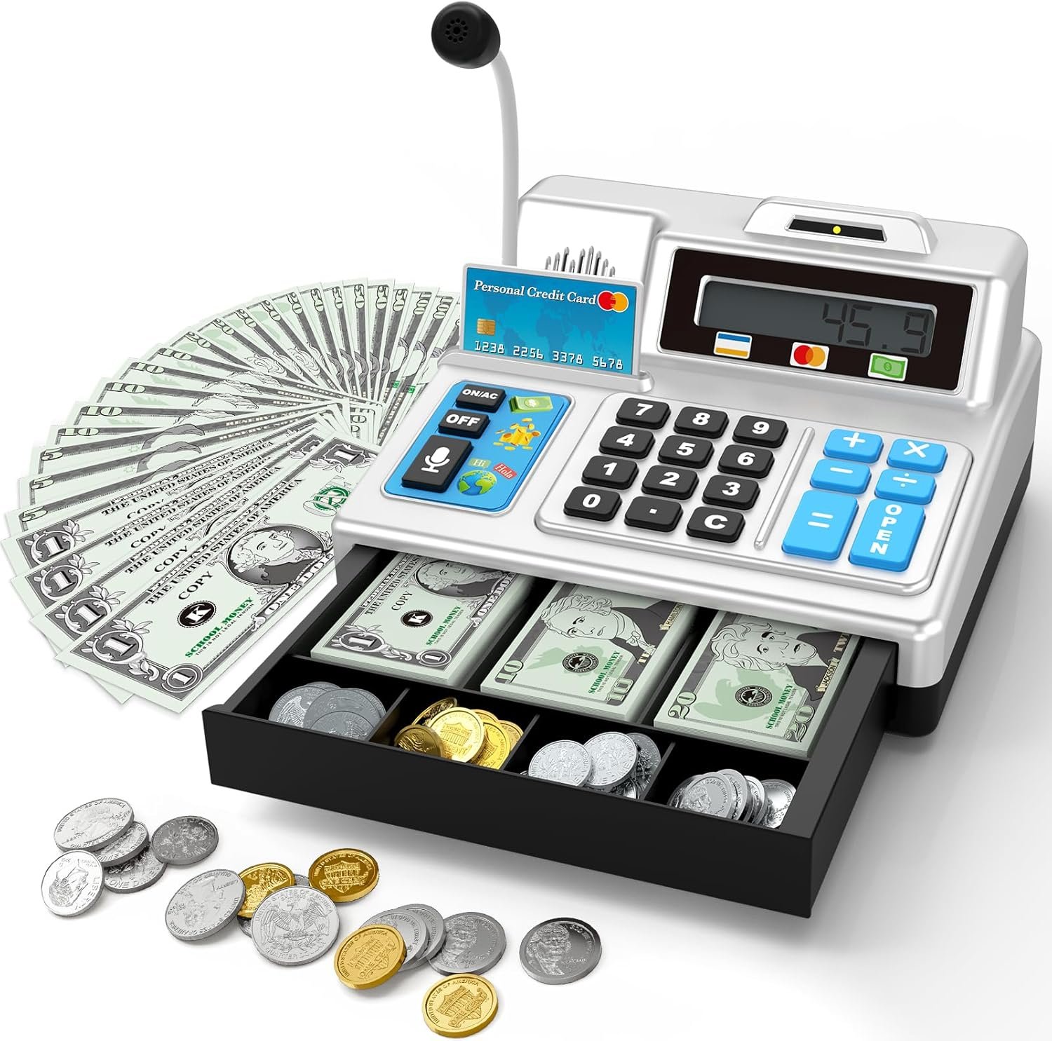 Calculator Cash Register Toy Gift for Kids Age 3, 4, 5, 6, 7, 8+ Year Old, 103 Pcs Pretend Grocery Store Playset with Toy Cash, Microphone, Credit Card, Play Cash Register for Toddlers 4-8, Silvery