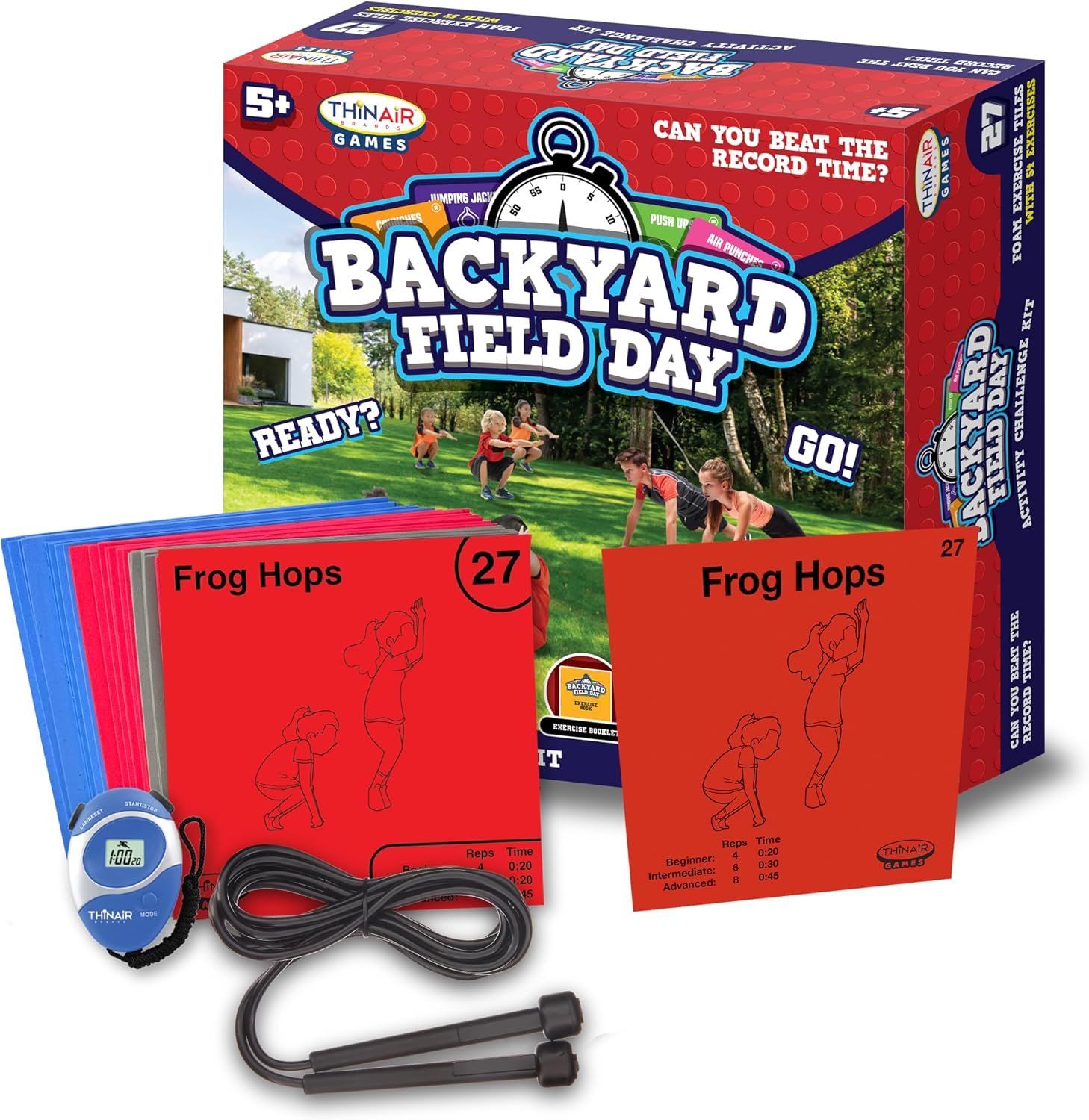 Playful Minds Backyard Field Day Obstacle Course Game – 27 Double-Sided Foam Challenge Tiles with 54 Kid-Friendly Exercises, Stopwatch, Jump Rope & Carry Bag – Outdoor Fitness Fun for Kids & Families