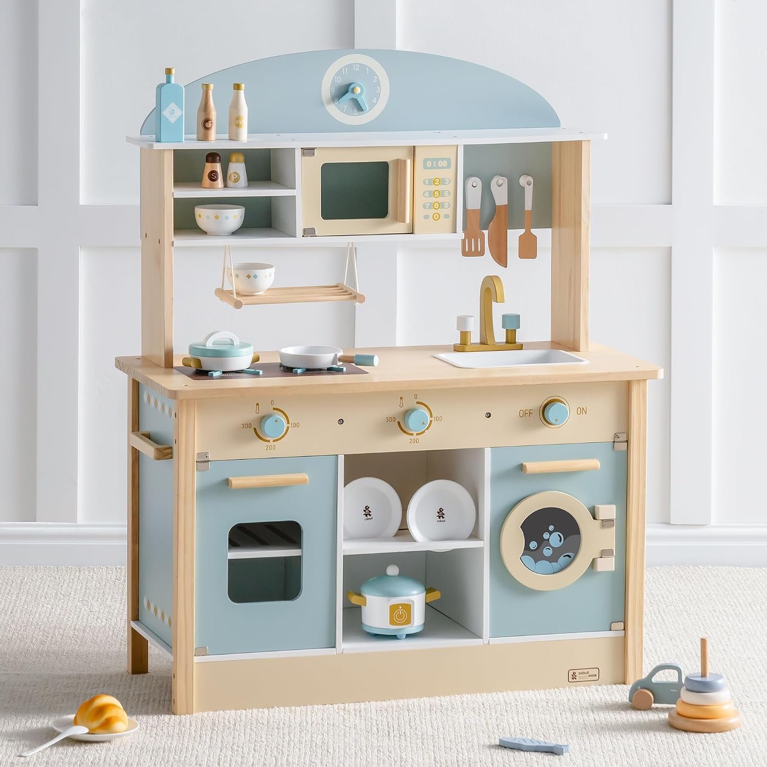 ROBUD Wooden Play Kitchen Set for Kids, Pretend Kitchen Toy | Realistic wooden kitchen playset with stove, oven, microwave, sink and accessories for imaginative pretend cooking fun.