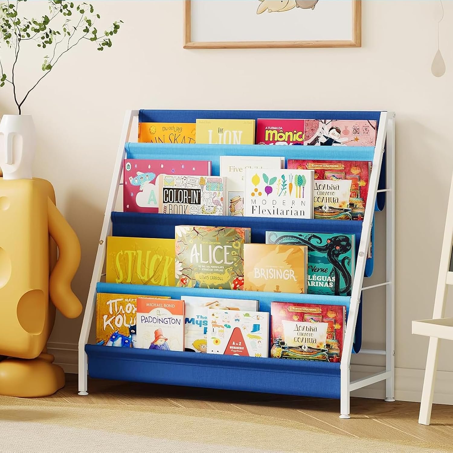 Aokitsink Kid Bookshelf for Kids Rooms, 4-Tier Blue Montessori Bookshelf,Toddler Children Bookshelf,Metal Kid’s Book Storage Organizer for Boys Room Furniture Playroom Kindergarten
