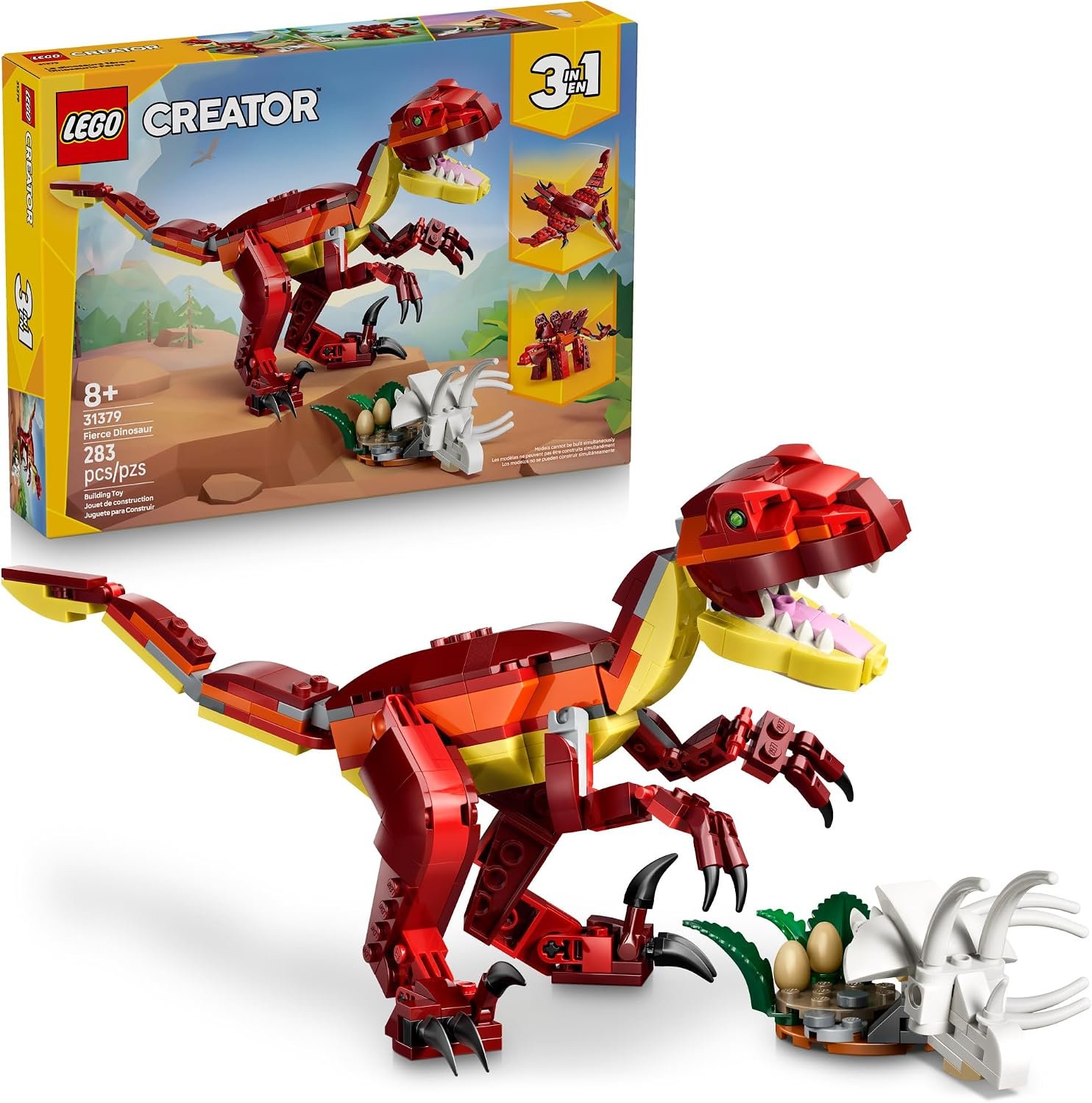 LEGO Creator 3 in 1 Fierce Dinosaur Building Toy for Boys & Girls, Ages 8+ – Gift for Birthdays – Kids Build 1 of 3 Prehistoric Animal Figures – 31379