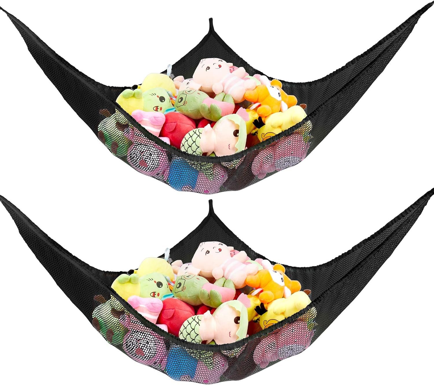 Stuffed Animal Net or Hammock, Stuffed Animal Net, Jumbo Toy Net Hammock for Stuffed Animals Wall Sling Corner Extra Large Kids Children Mesh Toy Net Organizer (Black 2 Pack, 70 inch)