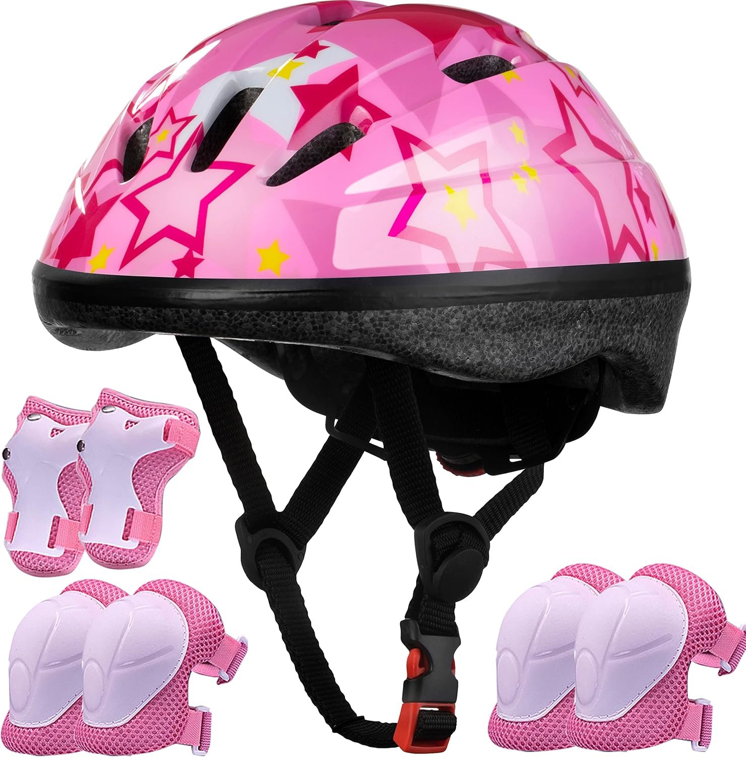 Lamsion Adjustable Kids Bike Helmet with Knee Elbow Wrist Pads, Ages 3-8 | Comfortable lightweight toddler helmet & sport Gear for girls/boys on bike,skateboard,scooter. Ventilated & impact-resistant