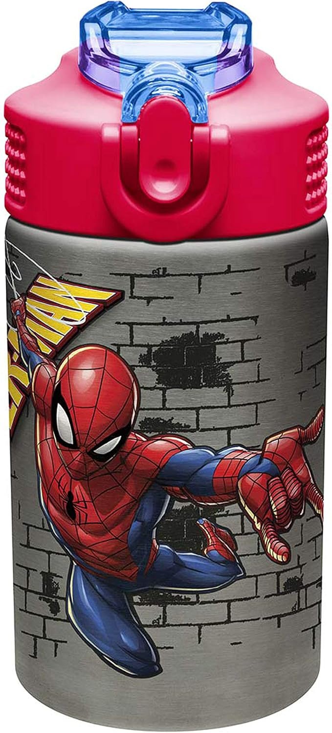 Zak Designs Stainless Steel One Hand Operation Lid and Built-in Carrying Loop Water Bottle with Straw Spout is Perfect for Kids (15.5 oz, BPA Free), 1 Count (Pack of 1), Marvel Comics Spider-Man