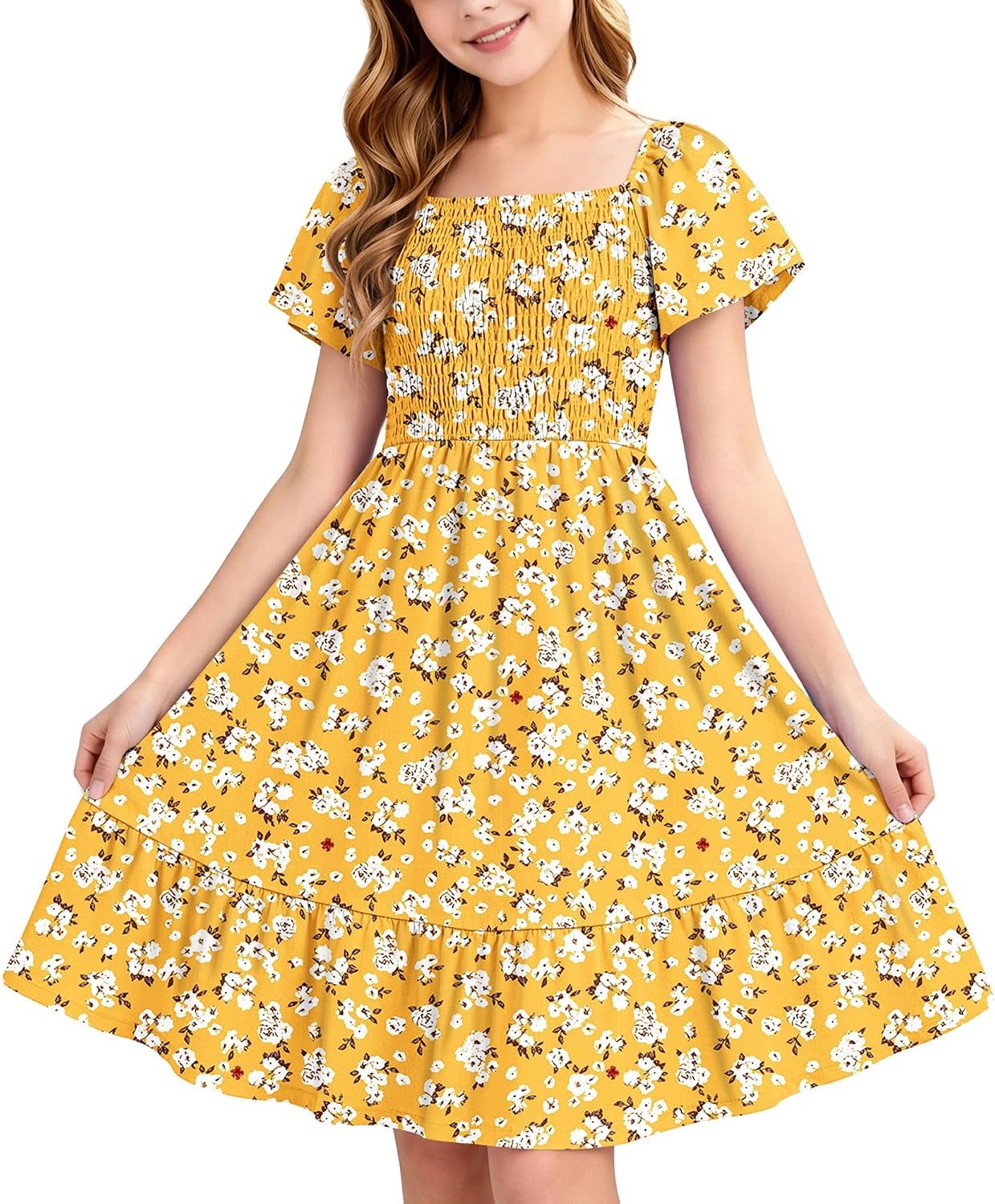 Girl’s Summer Smocked Tiered Hem Flowy Midi Dress 2026 | Elastic smocked bust, square neck short sleeves, layered tier hem. Comfy material, perfect casual dress for girls vacation