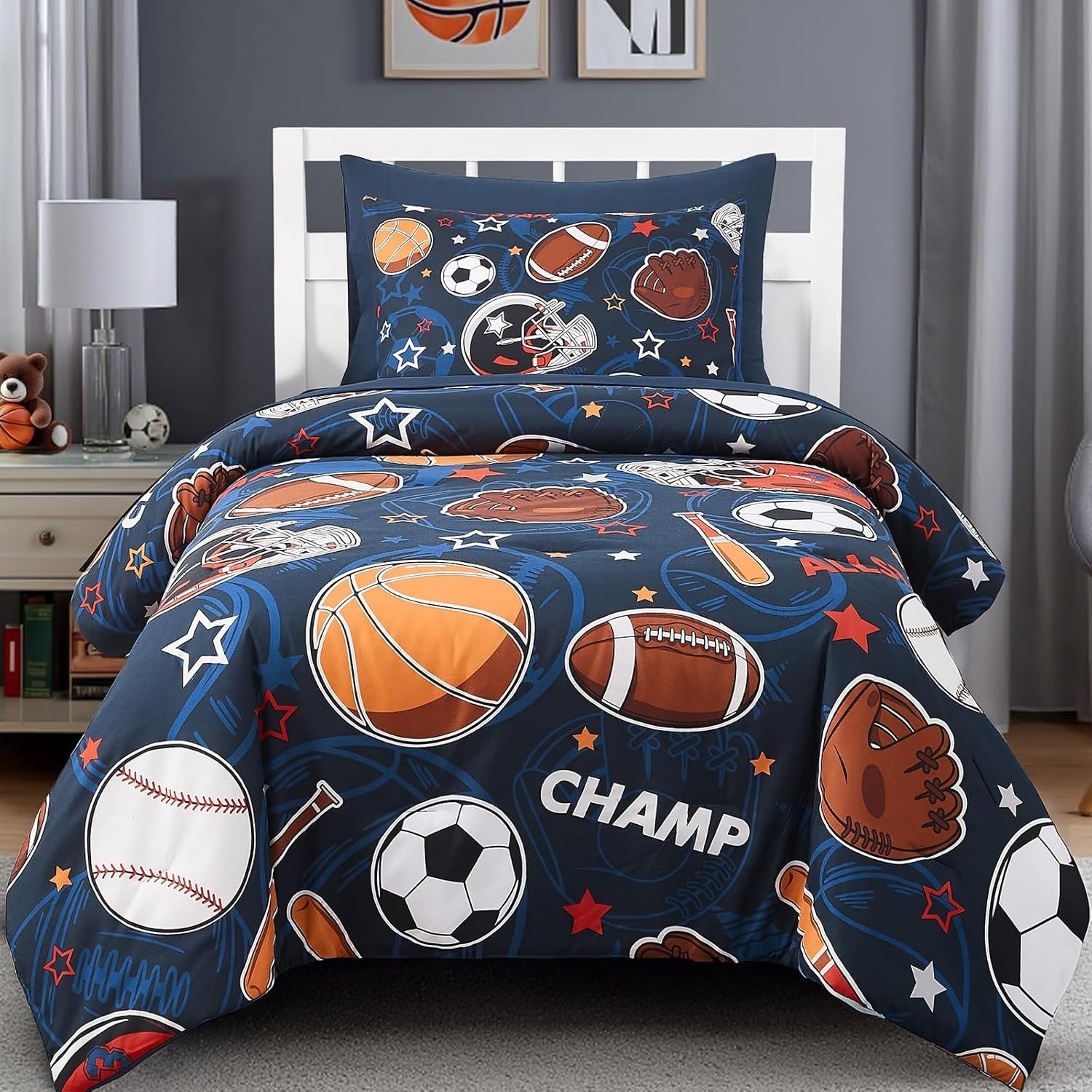 Twin Comforter Set for Boys-5 Pieces Ball Glow in the Dark Bedding Set | Soft Bed in A Bag Twin with Sheet, Pillowcases & Shams