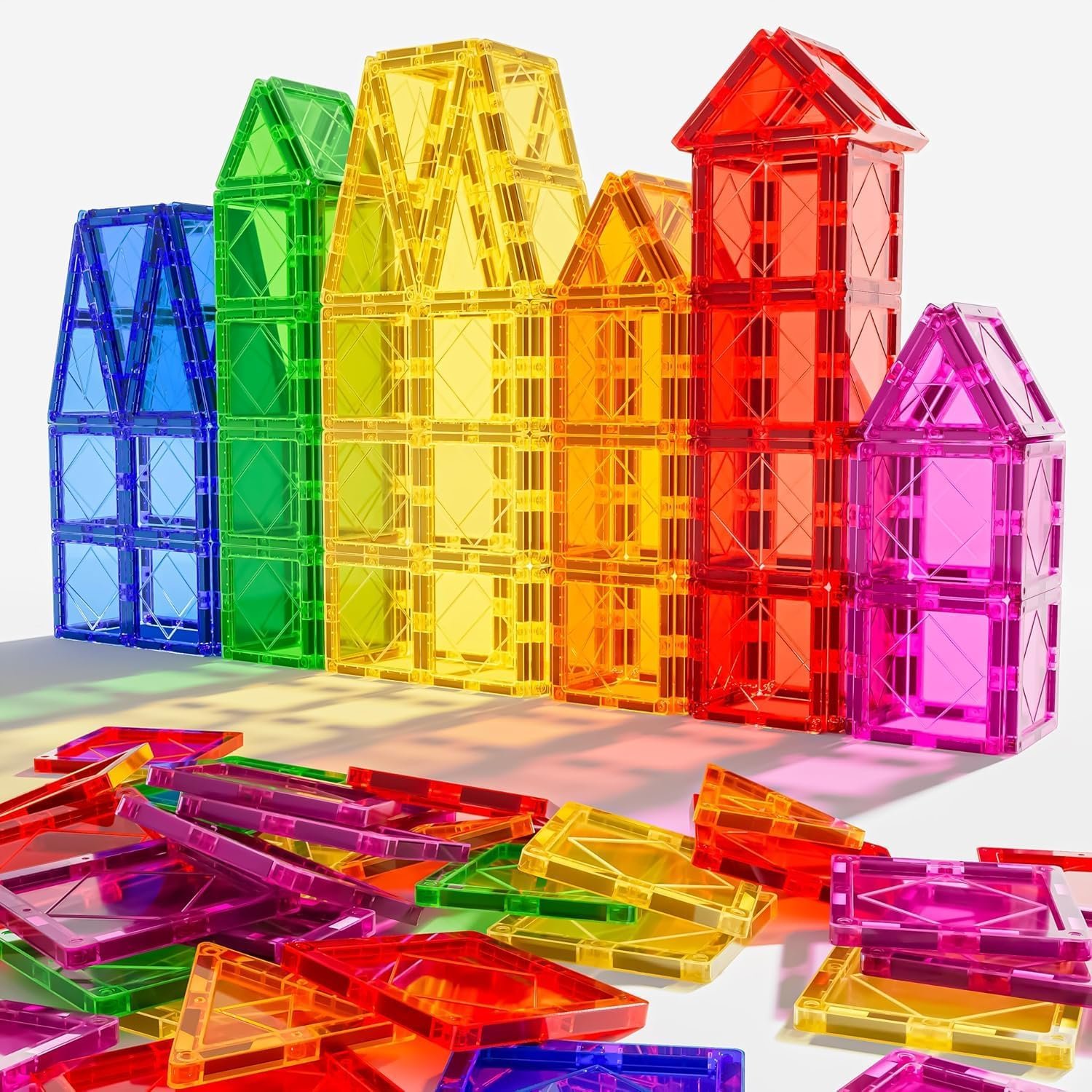 Mruikeny Magnetic Tiles Building Blocks for 3 4 5 6 7 8+ Years Old Boys Girls Colorful Magnet Stacking Toys Birthday Gift for Toddlers STEM Preschool Educational Construction Tiles Set | Colorful Magnet Stacking Toys Birthday Gift for Toddlers STEM Preschool Educational Construction Tiles Set
