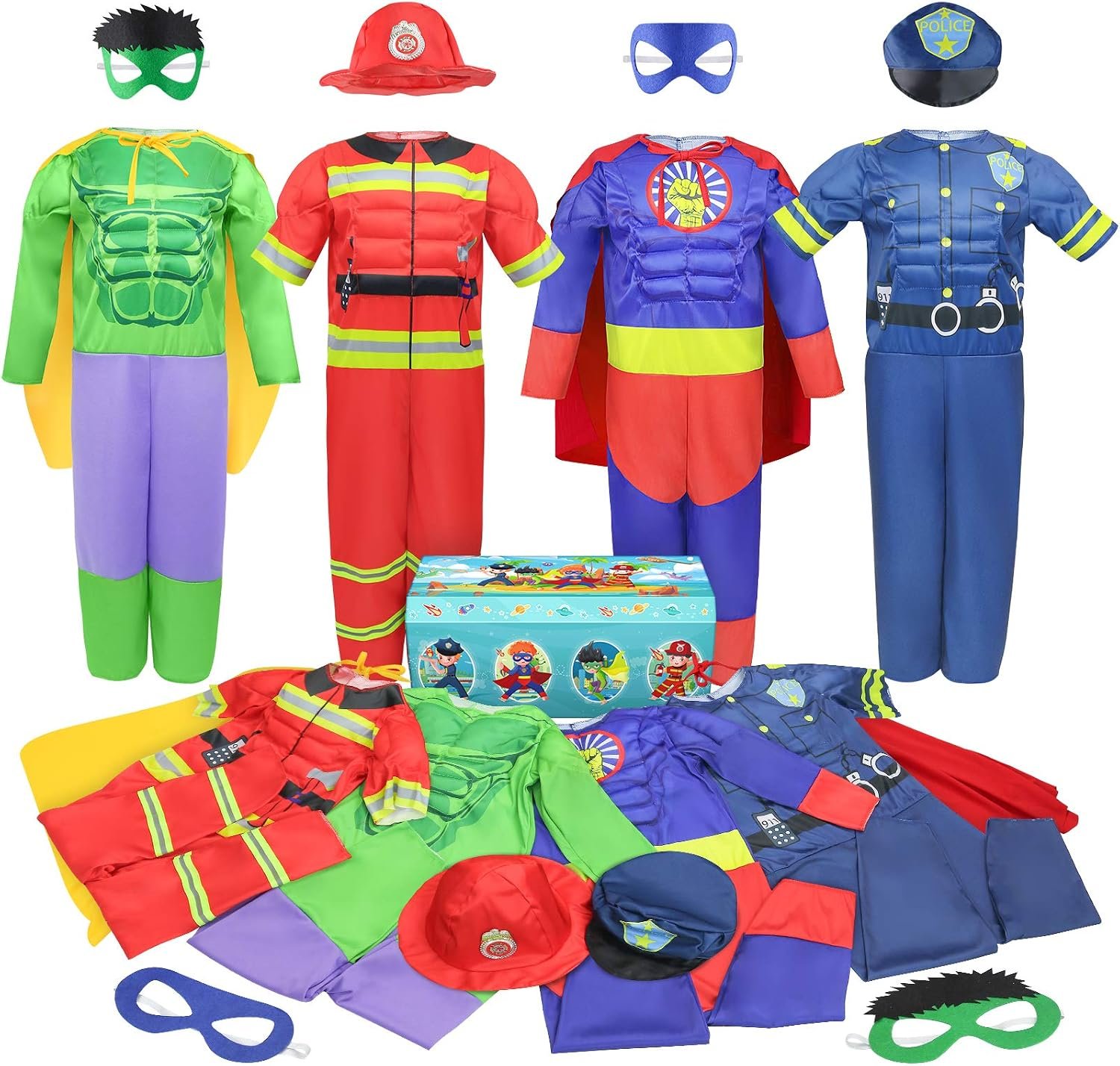 Teuevayl Boys Muscle Chest Dress up Costumes Trunk with Superhero, Policeman, Fireman Costume, Kids Pretend Role Play Costumes Set, Boys Dress up Clothes for Kids Ages 3 4 5 6 7